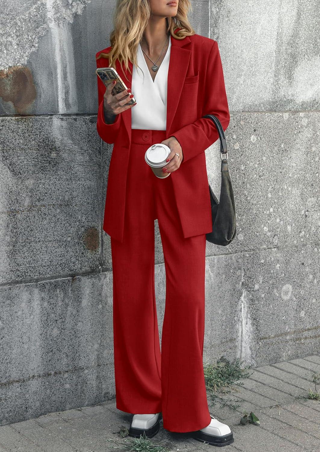 imagePRETTYGARDEN Womens Fall Two Piece Outfits Dressy Blazer Jacket and Wide Leg Pants Pockets Business Casual Office Suit SetsRed