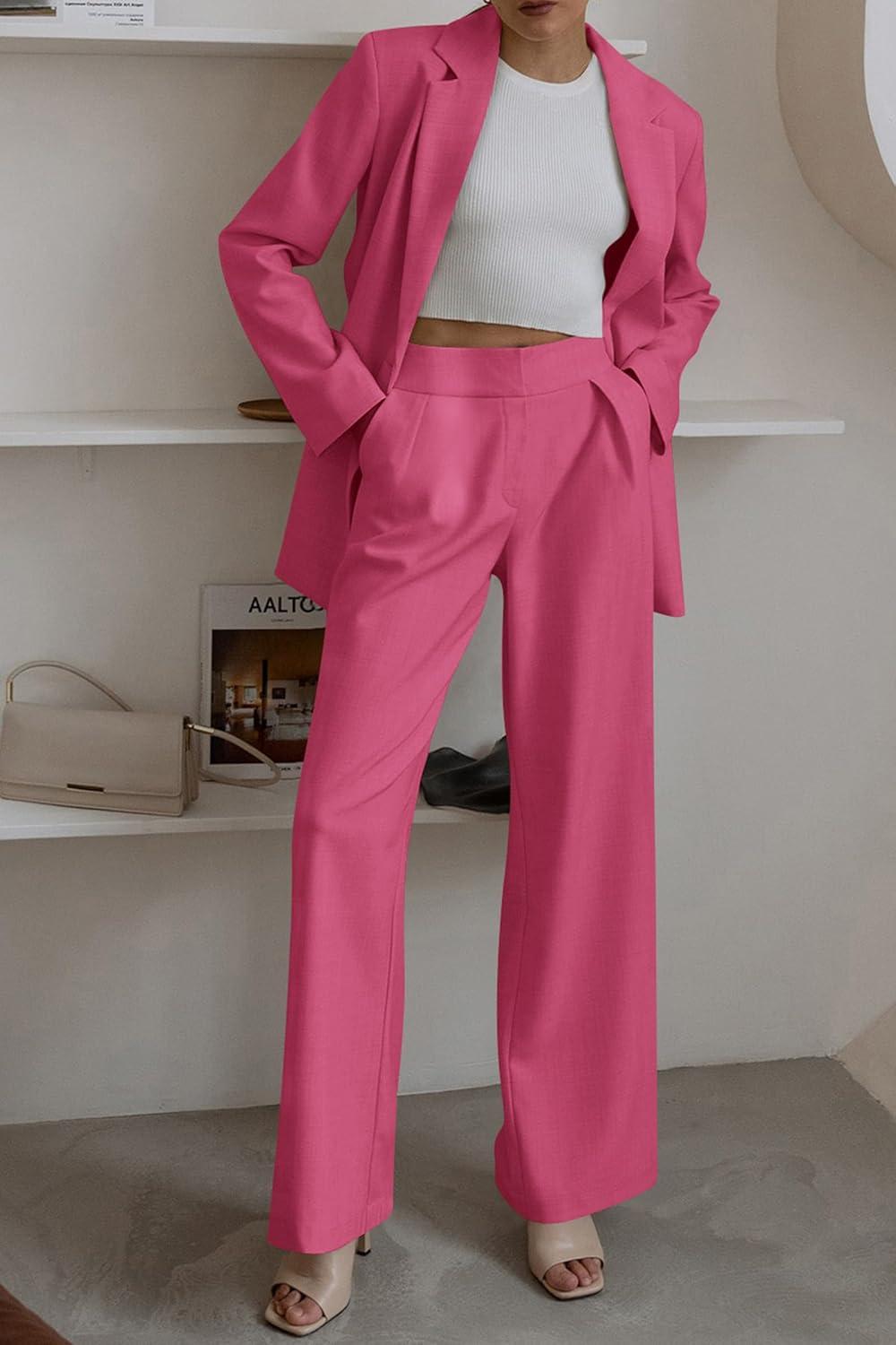 imagePRETTYGARDEN Womens Fall Two Piece Outfits Dressy Blazer Jacket and Wide Leg Pants Pockets Business Casual Office Suit SetsRose Red