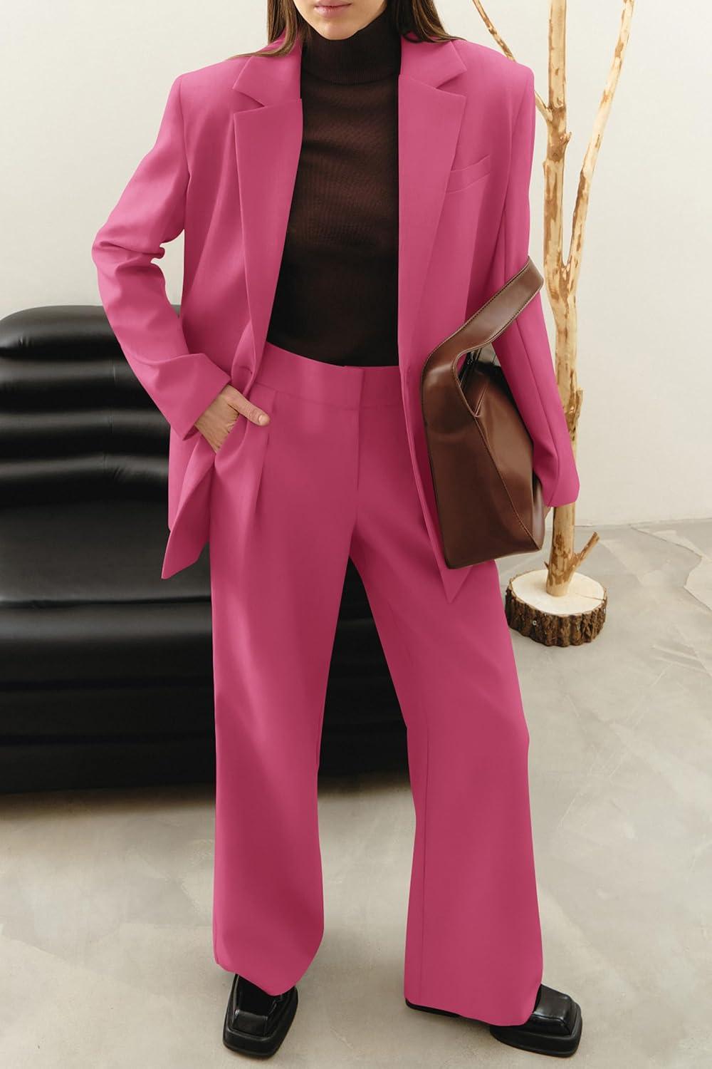 imagePRETTYGARDEN Womens Fall Two Piece Outfits Dressy Blazer Jacket and Wide Leg Pants Pockets Business Casual Office Suit SetsRose Red