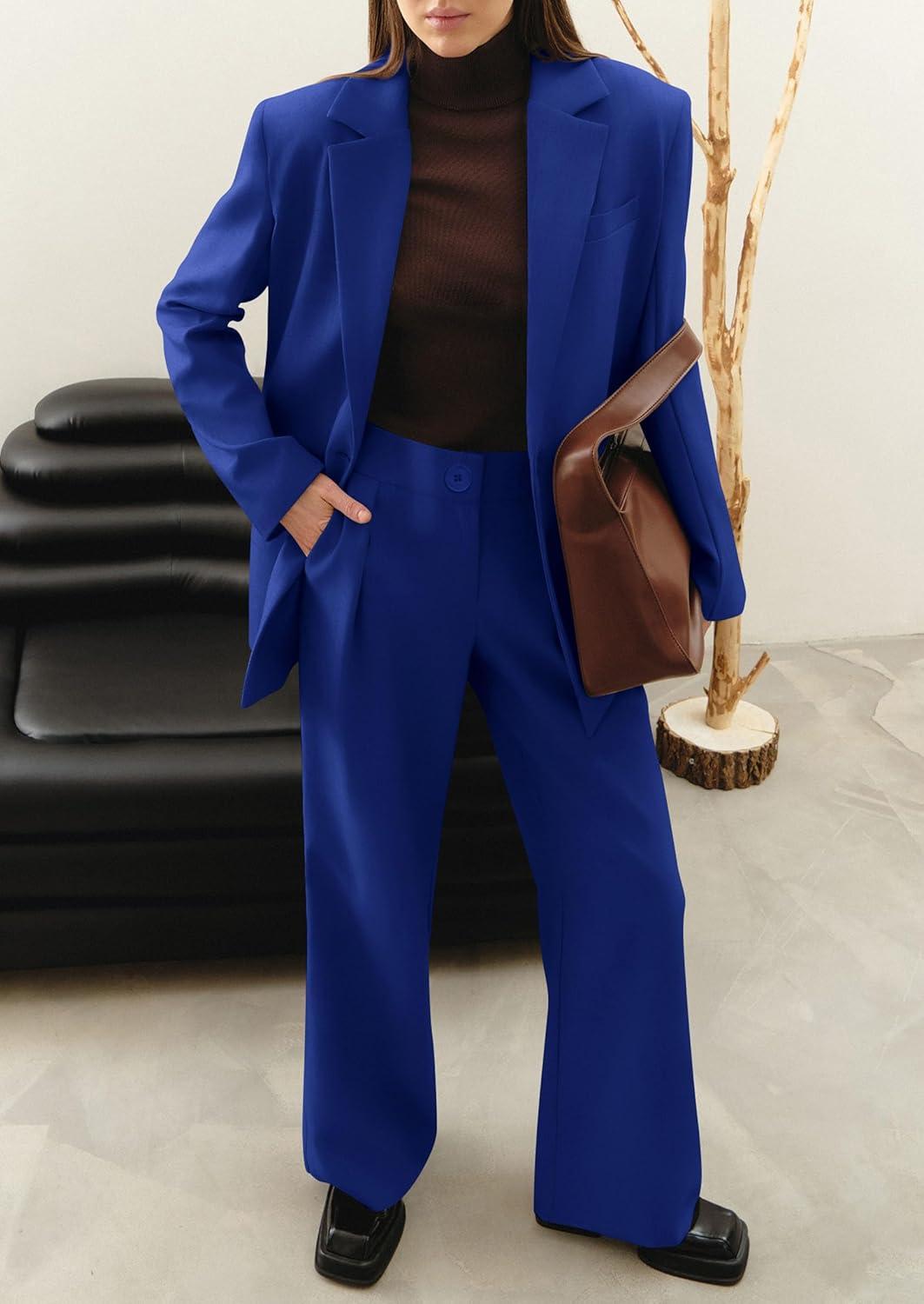imagePRETTYGARDEN Womens Fall Two Piece Outfits Dressy Blazer Jacket and Wide Leg Pants Pockets Business Casual Office Suit SetsRoyal Blue