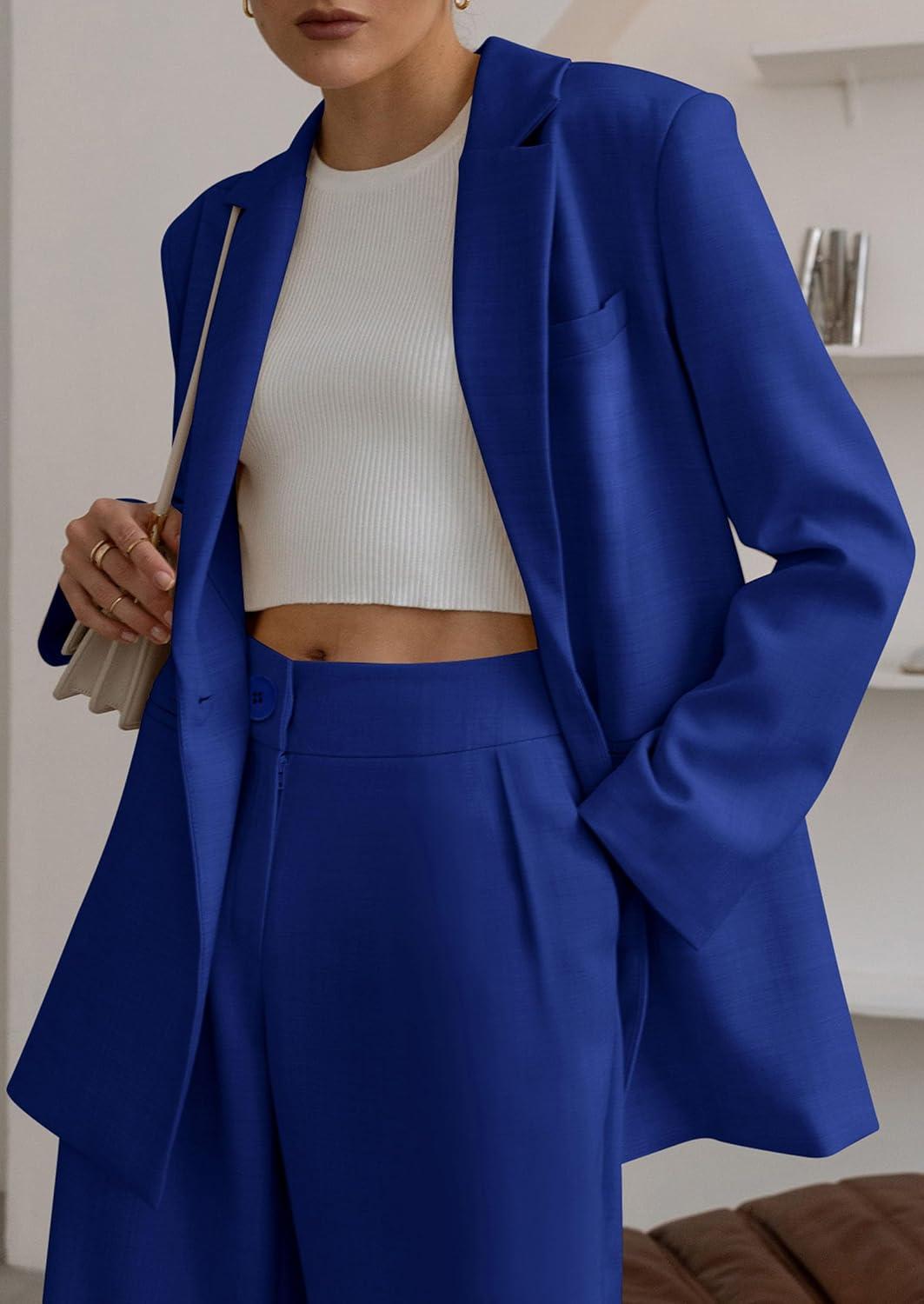 imagePRETTYGARDEN Womens Fall Two Piece Outfits Dressy Blazer Jacket and Wide Leg Pants Pockets Business Casual Office Suit SetsRoyal Blue