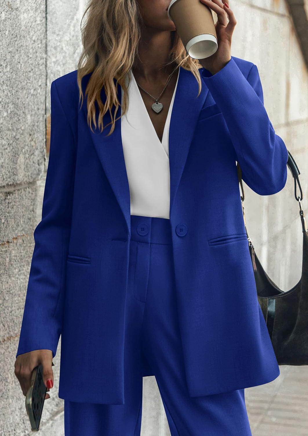 imagePRETTYGARDEN Womens Fall Two Piece Outfits Dressy Blazer Jacket and Wide Leg Pants Pockets Business Casual Office Suit SetsRoyal Blue