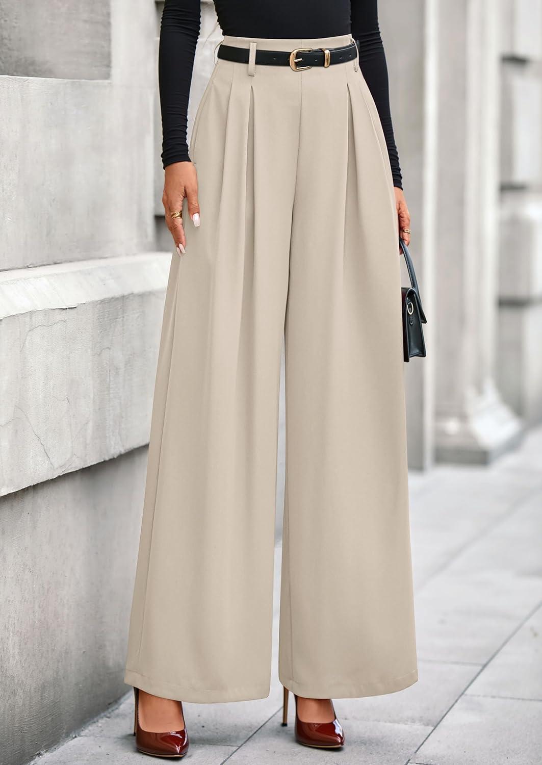 imagePRETTYGARDEN Womens Fall Wide Leg Trousers 2026 High Elastic Waist Loose Pleated Long Flowy Palazzo Work Pants with PocketsApricot