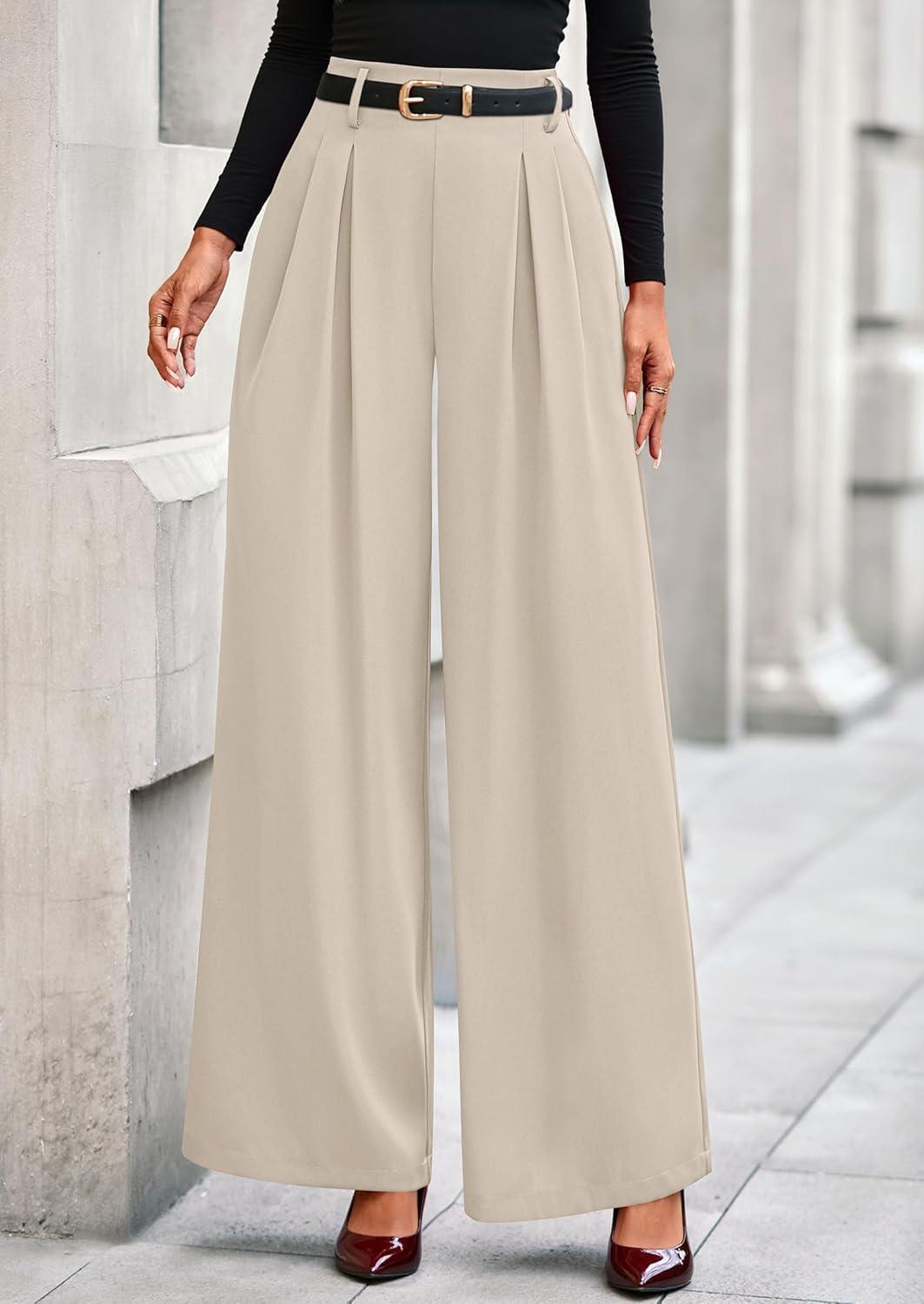 imagePRETTYGARDEN Womens Fall Wide Leg Trousers 2026 High Elastic Waist Loose Pleated Long Flowy Palazzo Work Pants with PocketsApricot