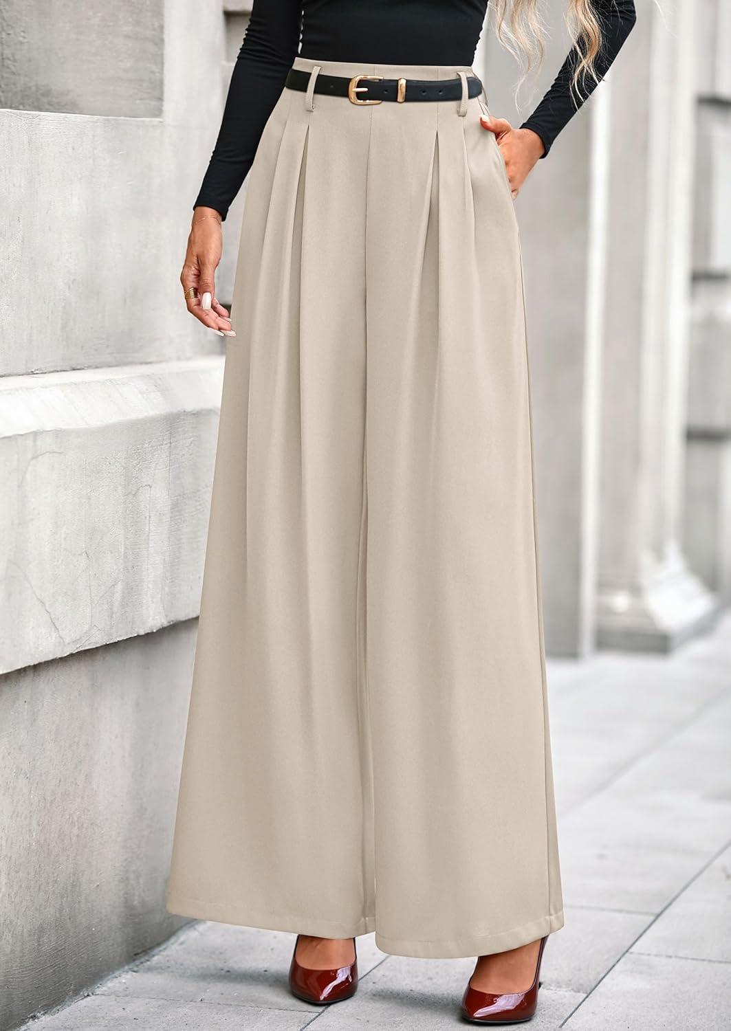 imagePRETTYGARDEN Womens Fall Wide Leg Trousers 2026 High Elastic Waist Loose Pleated Long Flowy Palazzo Work Pants with PocketsApricot