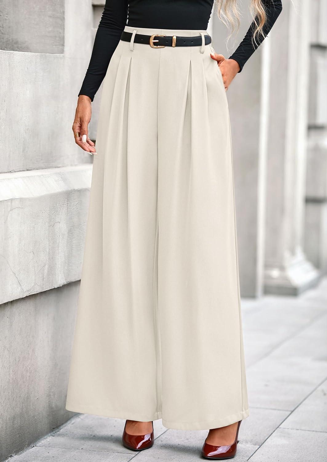 imagePRETTYGARDEN Womens Fall Wide Leg Trousers 2026 High Elastic Waist Loose Pleated Long Flowy Palazzo Work Pants with PocketsBeige