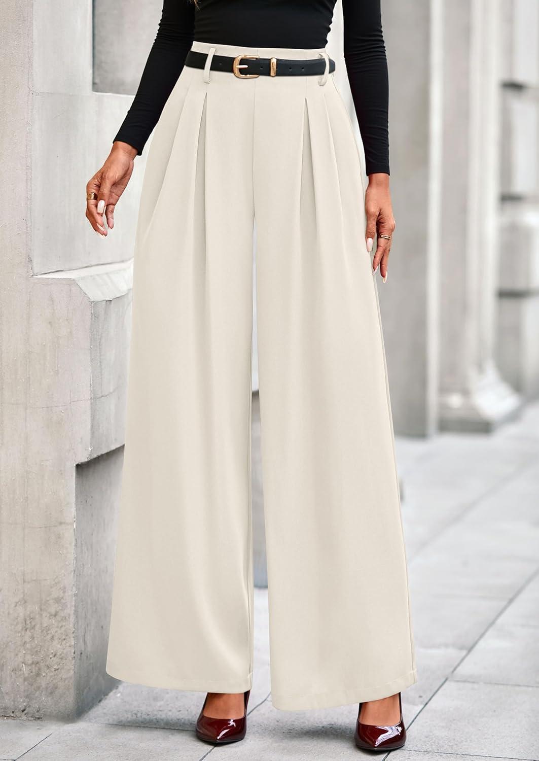 imagePRETTYGARDEN Womens Fall Wide Leg Trousers 2026 High Elastic Waist Loose Pleated Long Flowy Palazzo Work Pants with PocketsBeige