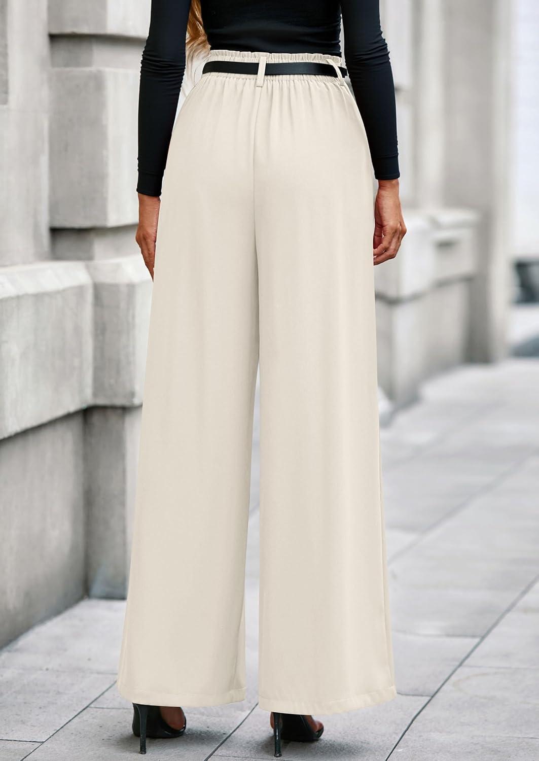 imagePRETTYGARDEN Womens Fall Wide Leg Trousers 2026 High Elastic Waist Loose Pleated Long Flowy Palazzo Work Pants with PocketsBeige