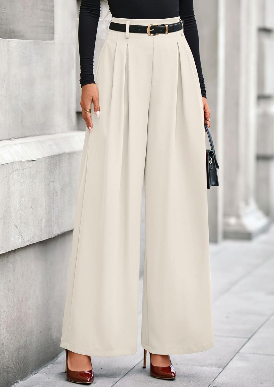 imagePRETTYGARDEN Womens Fall Wide Leg Trousers 2026 High Elastic Waist Loose Pleated Long Flowy Palazzo Work Pants with PocketsBeige