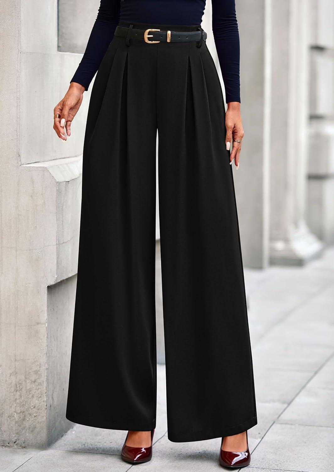 imagePRETTYGARDEN Womens Fall Wide Leg Trousers 2026 High Elastic Waist Loose Pleated Long Flowy Palazzo Work Pants with PocketsBlack