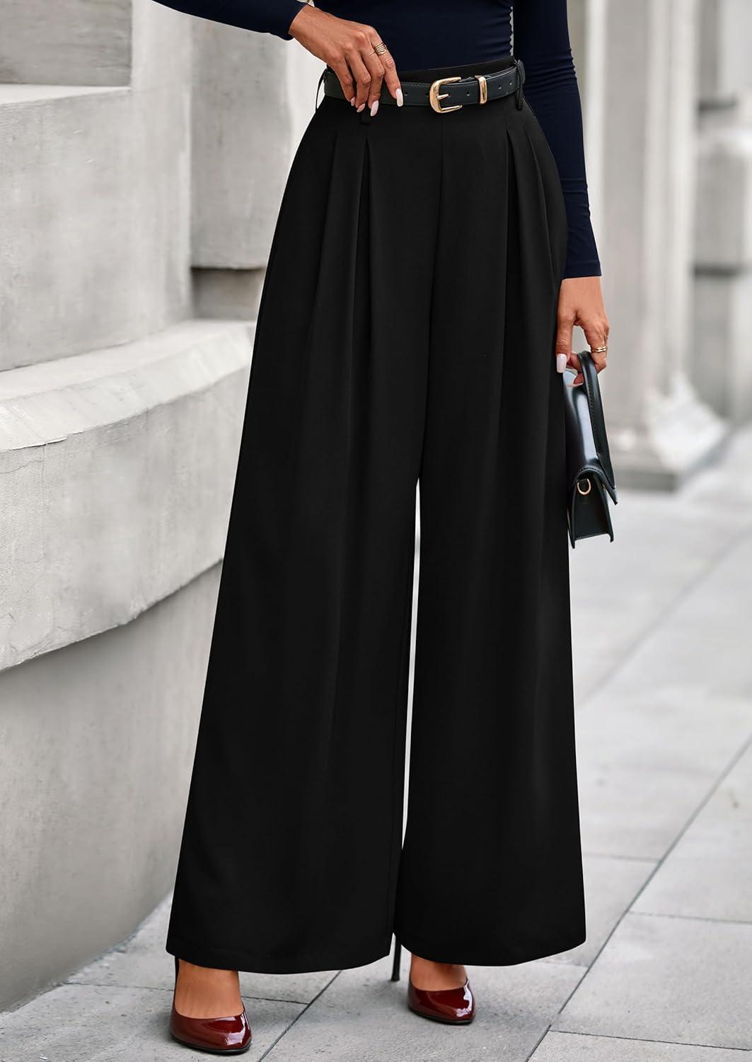 imagePRETTYGARDEN Womens Fall Wide Leg Trousers 2026 High Elastic Waist Loose Pleated Long Flowy Palazzo Work Pants with PocketsBlack