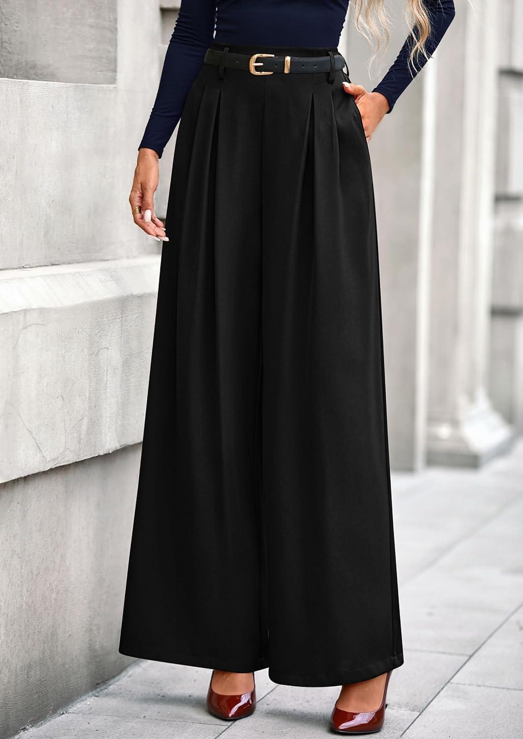imagePRETTYGARDEN Womens Fall Wide Leg Trousers 2026 High Elastic Waist Loose Pleated Long Flowy Palazzo Work Pants with PocketsBlack