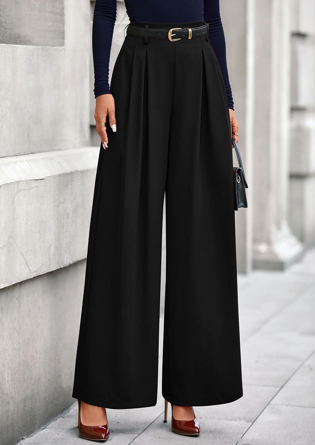 imagePRETTYGARDEN Womens Fall Wide Leg Trousers 2026 High Elastic Waist Loose Pleated Long Flowy Palazzo Work Pants with PocketsBlack