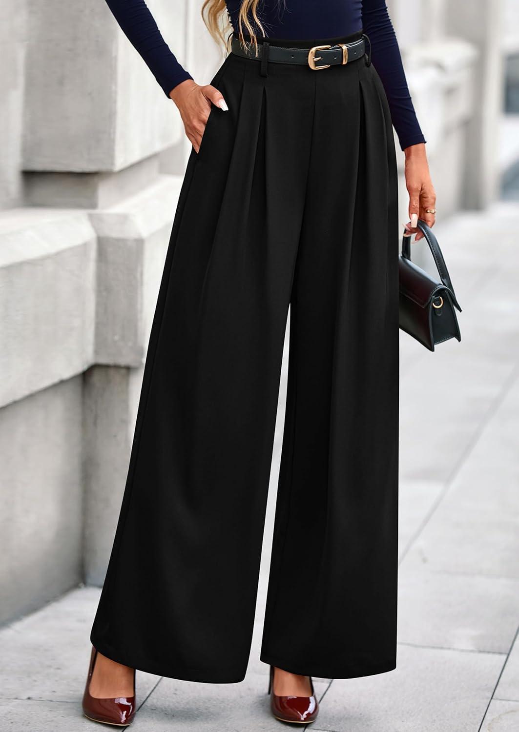 imagePRETTYGARDEN Womens Fall Wide Leg Trousers 2026 High Elastic Waist Loose Pleated Long Flowy Palazzo Work Pants with PocketsBlack