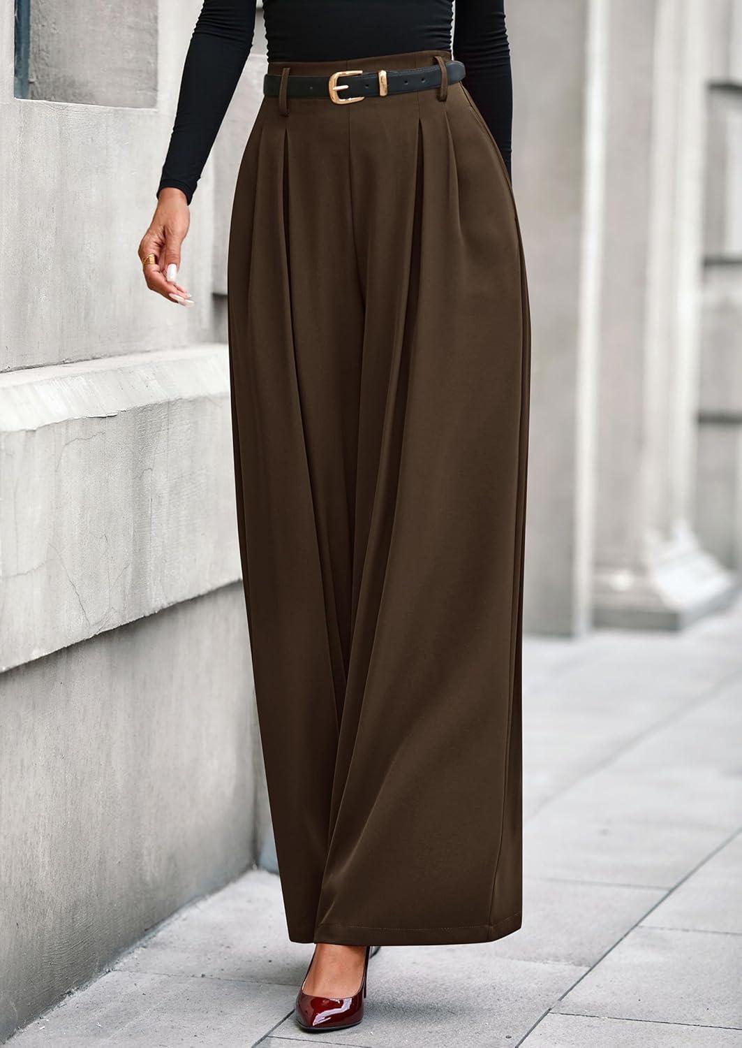 imagePRETTYGARDEN Womens Fall Wide Leg Trousers 2026 High Elastic Waist Loose Pleated Long Flowy Palazzo Work Pants with PocketsBrown