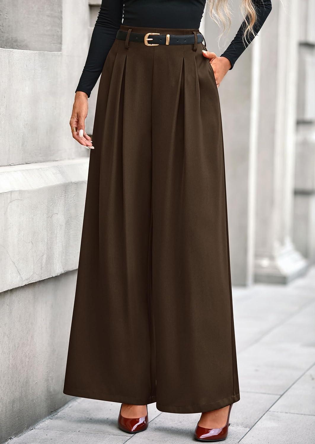 imagePRETTYGARDEN Womens Fall Wide Leg Trousers 2026 High Elastic Waist Loose Pleated Long Flowy Palazzo Work Pants with PocketsBrown