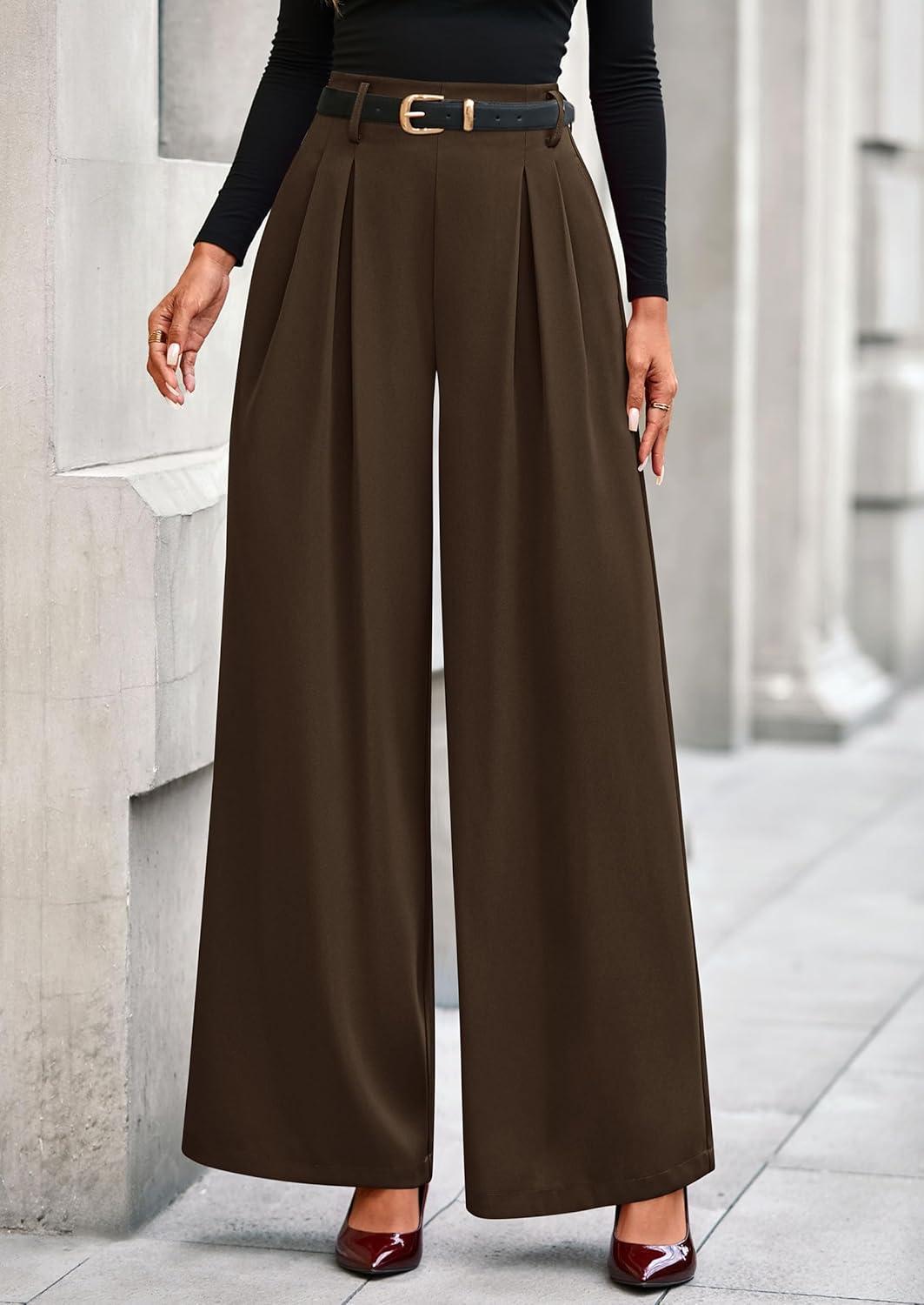 imagePRETTYGARDEN Womens Fall Wide Leg Trousers 2026 High Elastic Waist Loose Pleated Long Flowy Palazzo Work Pants with PocketsBrown