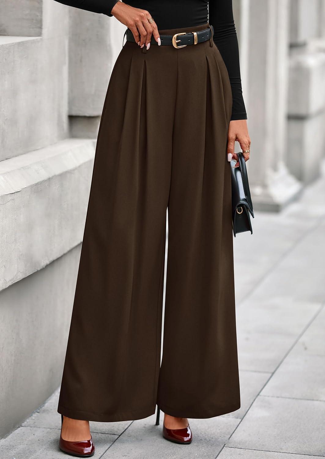 imagePRETTYGARDEN Womens Fall Wide Leg Trousers 2026 High Elastic Waist Loose Pleated Long Flowy Palazzo Work Pants with PocketsBrown