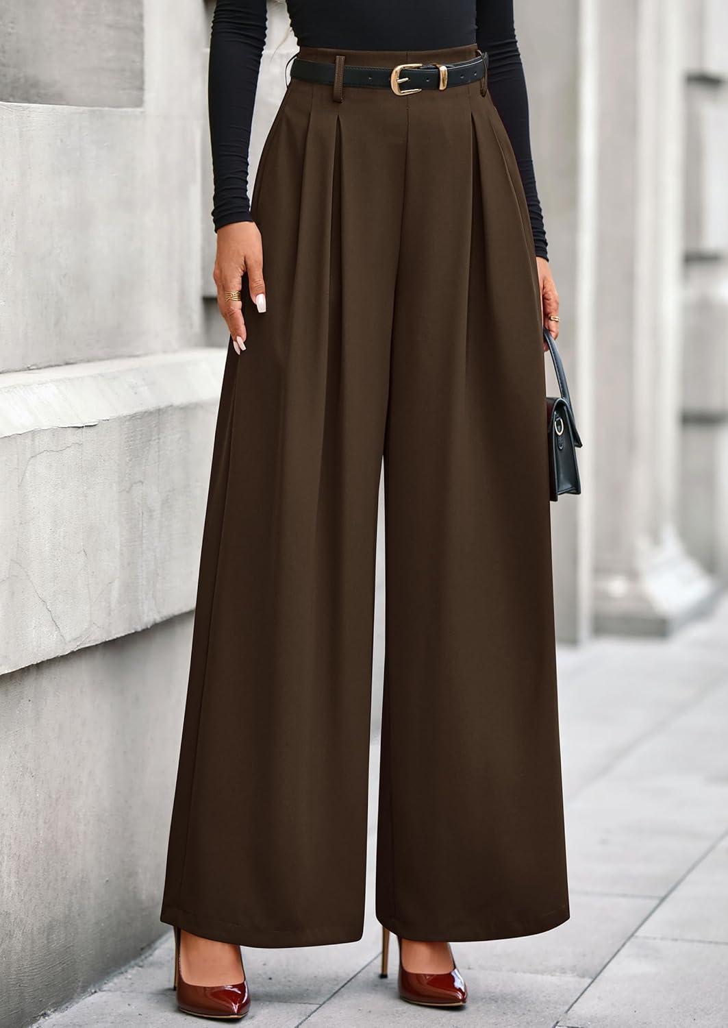 imagePRETTYGARDEN Womens Fall Wide Leg Trousers 2026 High Elastic Waist Loose Pleated Long Flowy Palazzo Work Pants with PocketsBrown