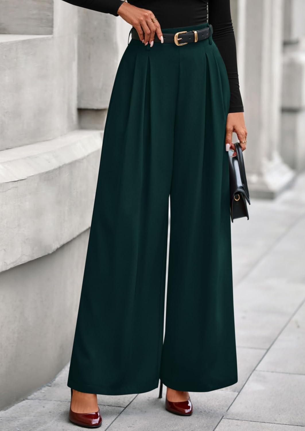 imagePRETTYGARDEN Womens Fall Wide Leg Trousers 2026 High Elastic Waist Loose Pleated Long Flowy Palazzo Work Pants with PocketsDark Green
