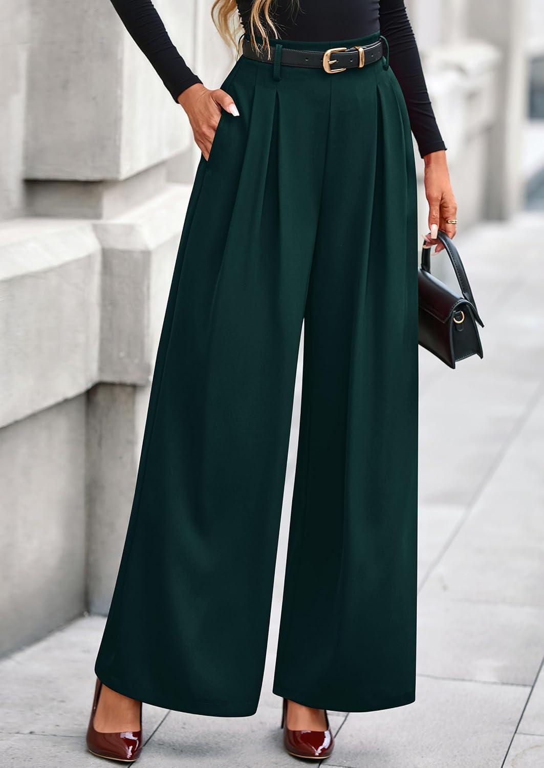 imagePRETTYGARDEN Womens Fall Wide Leg Trousers 2026 High Elastic Waist Loose Pleated Long Flowy Palazzo Work Pants with PocketsDark Green