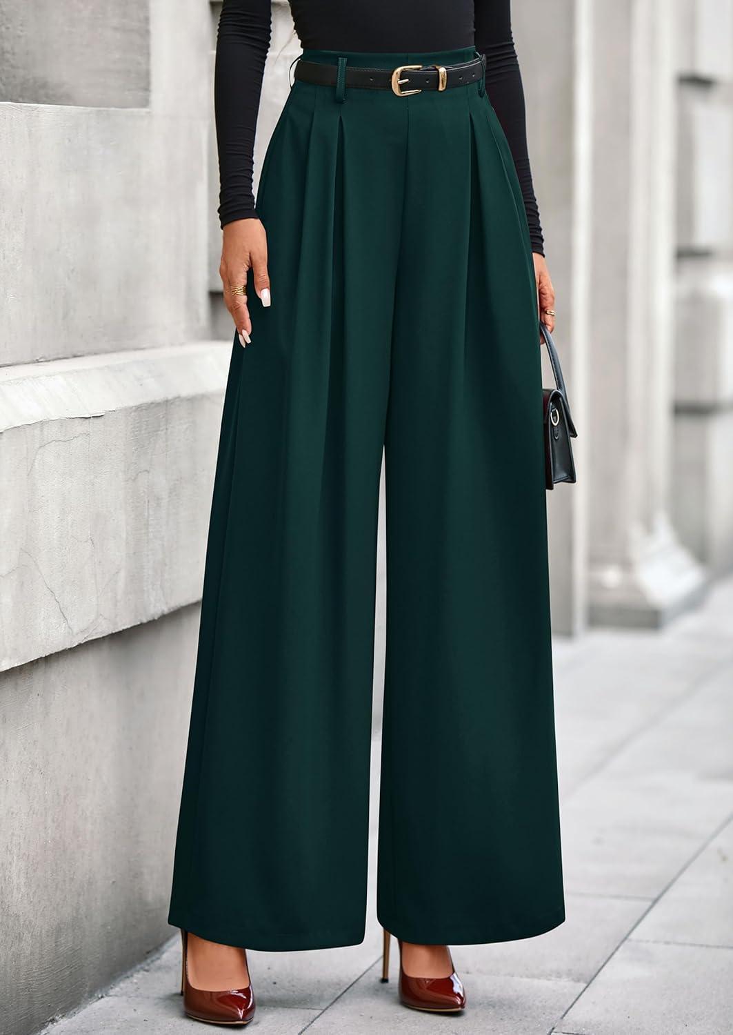 imagePRETTYGARDEN Womens Fall Wide Leg Trousers 2026 High Elastic Waist Loose Pleated Long Flowy Palazzo Work Pants with PocketsDark Green