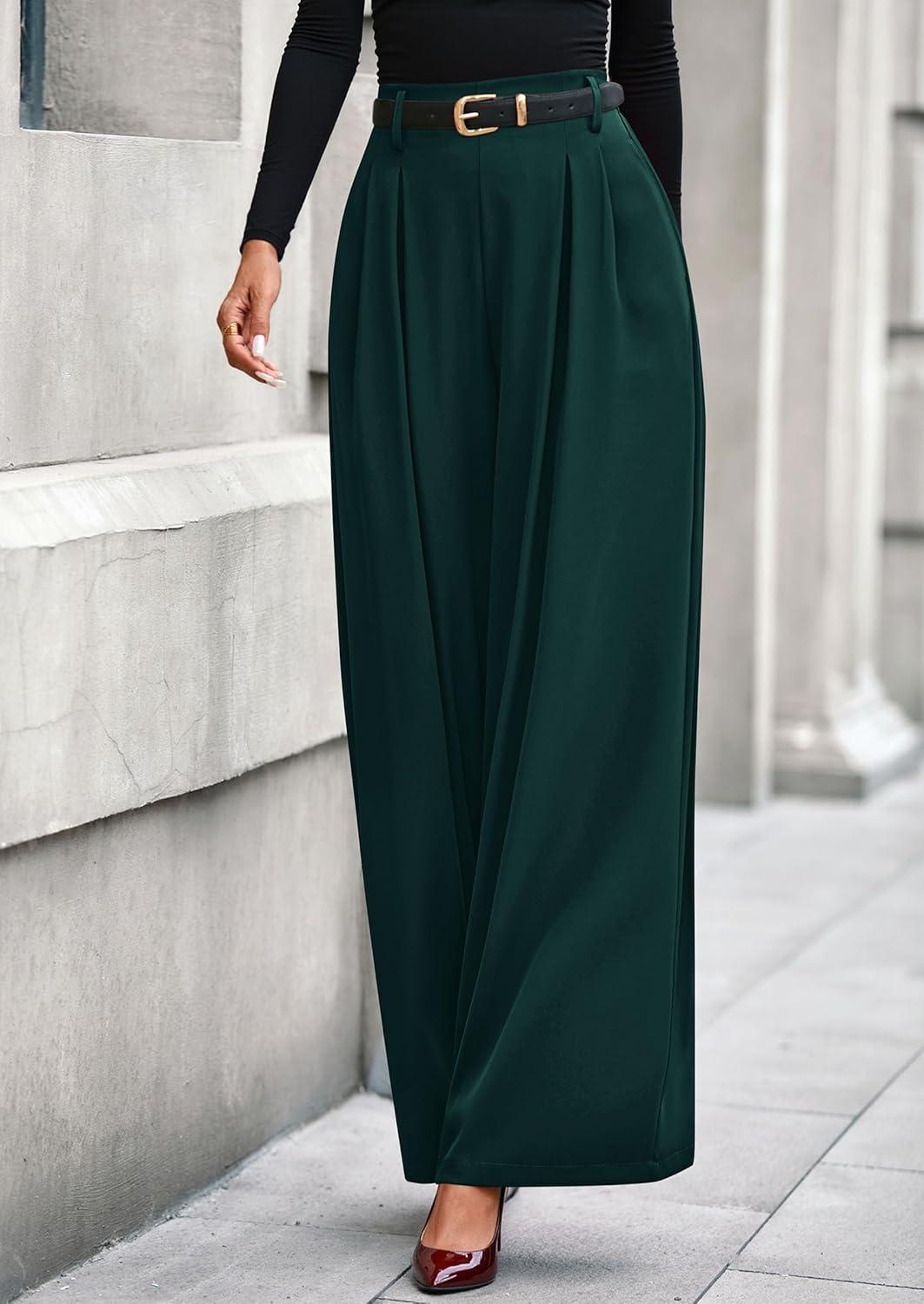imagePRETTYGARDEN Womens Fall Wide Leg Trousers 2026 High Elastic Waist Loose Pleated Long Flowy Palazzo Work Pants with PocketsDark Green