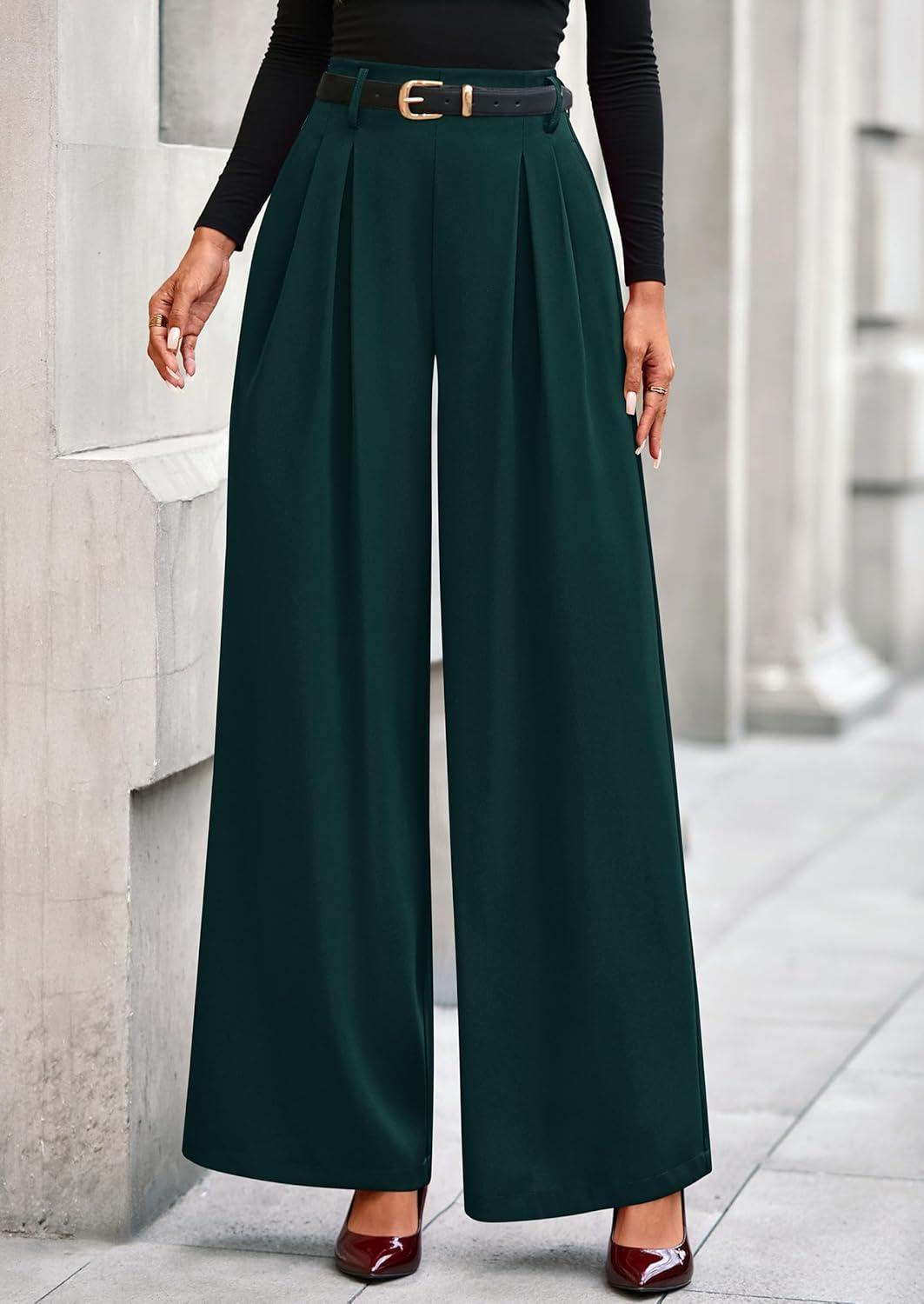 imagePRETTYGARDEN Womens Fall Wide Leg Trousers 2026 High Elastic Waist Loose Pleated Long Flowy Palazzo Work Pants with PocketsDark Green
