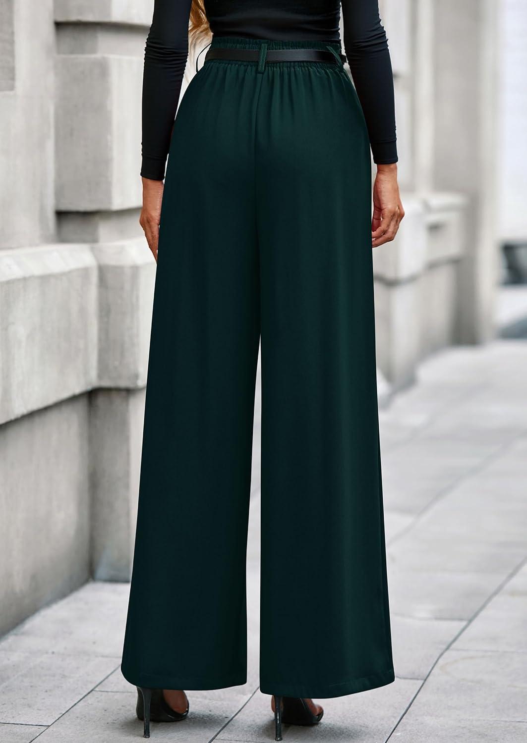 imagePRETTYGARDEN Womens Fall Wide Leg Trousers 2026 High Elastic Waist Loose Pleated Long Flowy Palazzo Work Pants with PocketsDark Green