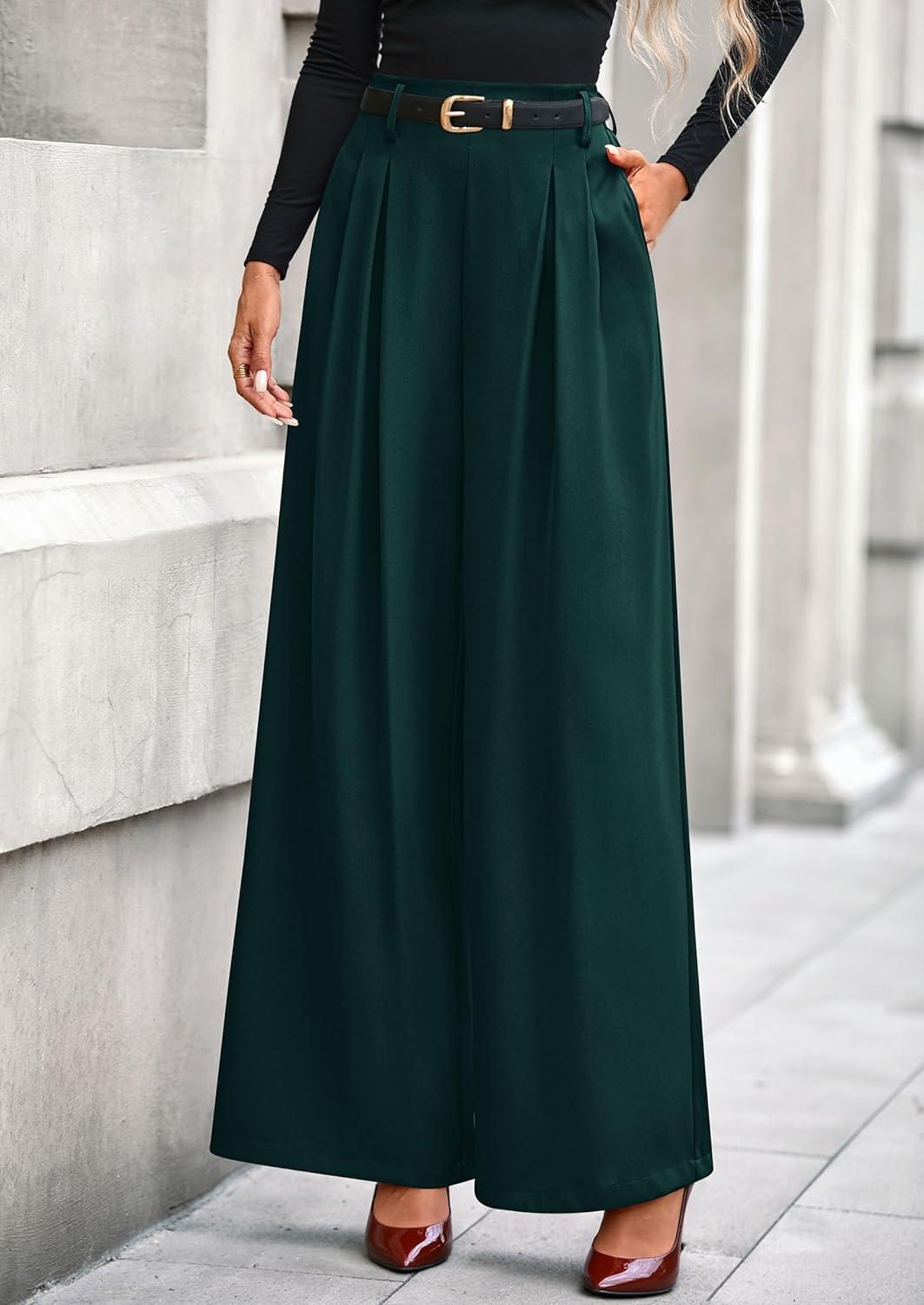 imagePRETTYGARDEN Womens Fall Wide Leg Trousers 2026 High Elastic Waist Loose Pleated Long Flowy Palazzo Work Pants with PocketsDark Green