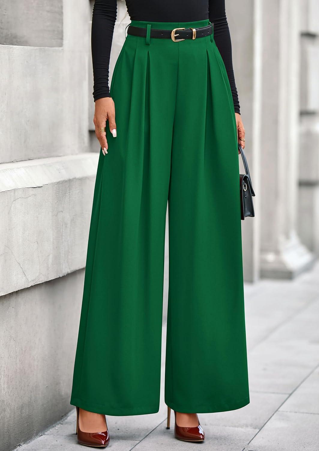 imagePRETTYGARDEN Womens Fall Wide Leg Trousers 2026 High Elastic Waist Loose Pleated Long Flowy Palazzo Work Pants with PocketsGreen
