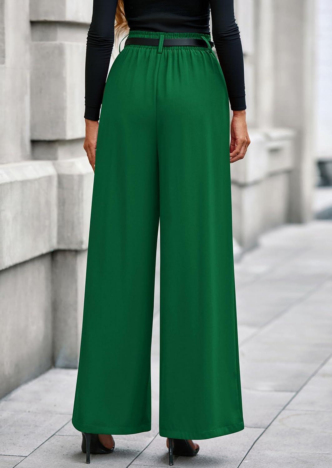imagePRETTYGARDEN Womens Fall Wide Leg Trousers 2026 High Elastic Waist Loose Pleated Long Flowy Palazzo Work Pants with PocketsGreen