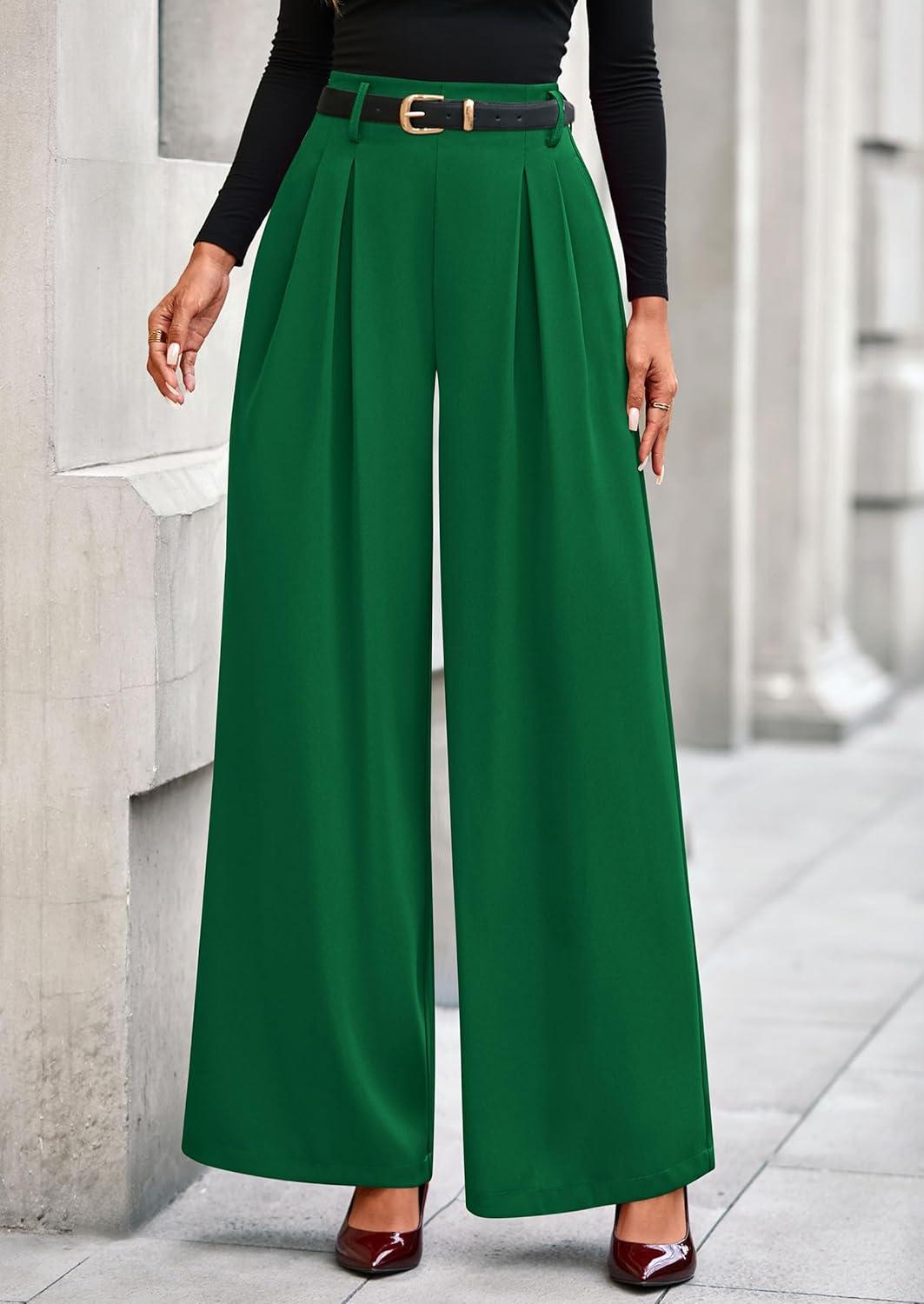 imagePRETTYGARDEN Womens Fall Wide Leg Trousers 2026 High Elastic Waist Loose Pleated Long Flowy Palazzo Work Pants with PocketsGreen