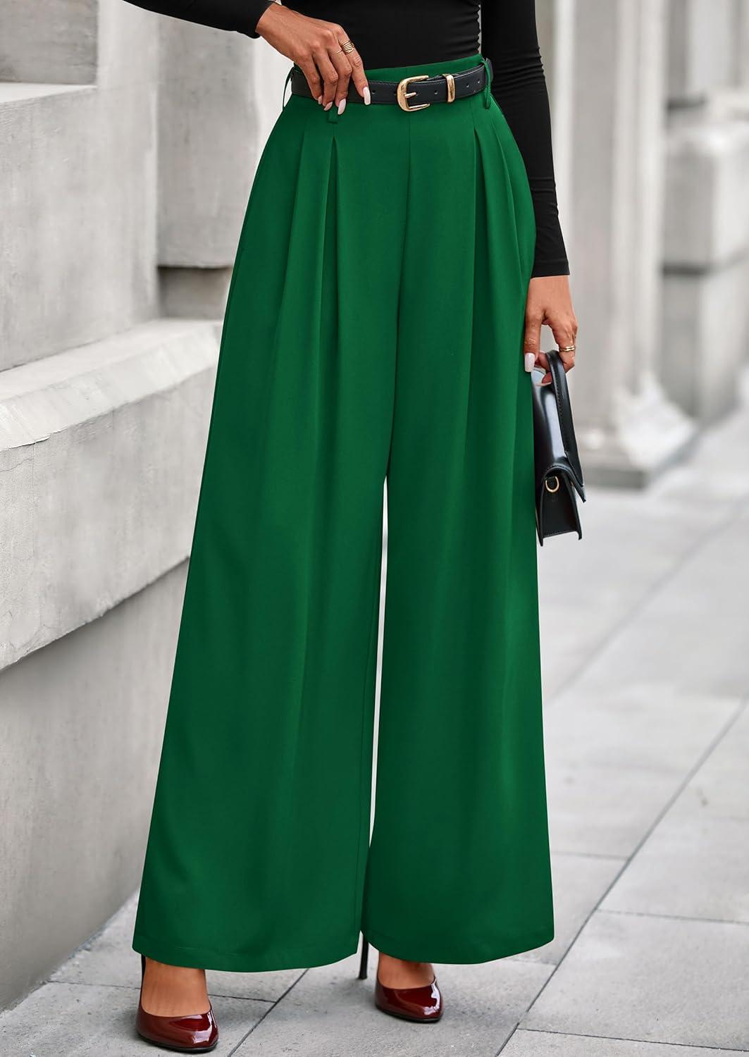 imagePRETTYGARDEN Womens Fall Wide Leg Trousers 2026 High Elastic Waist Loose Pleated Long Flowy Palazzo Work Pants with PocketsGreen