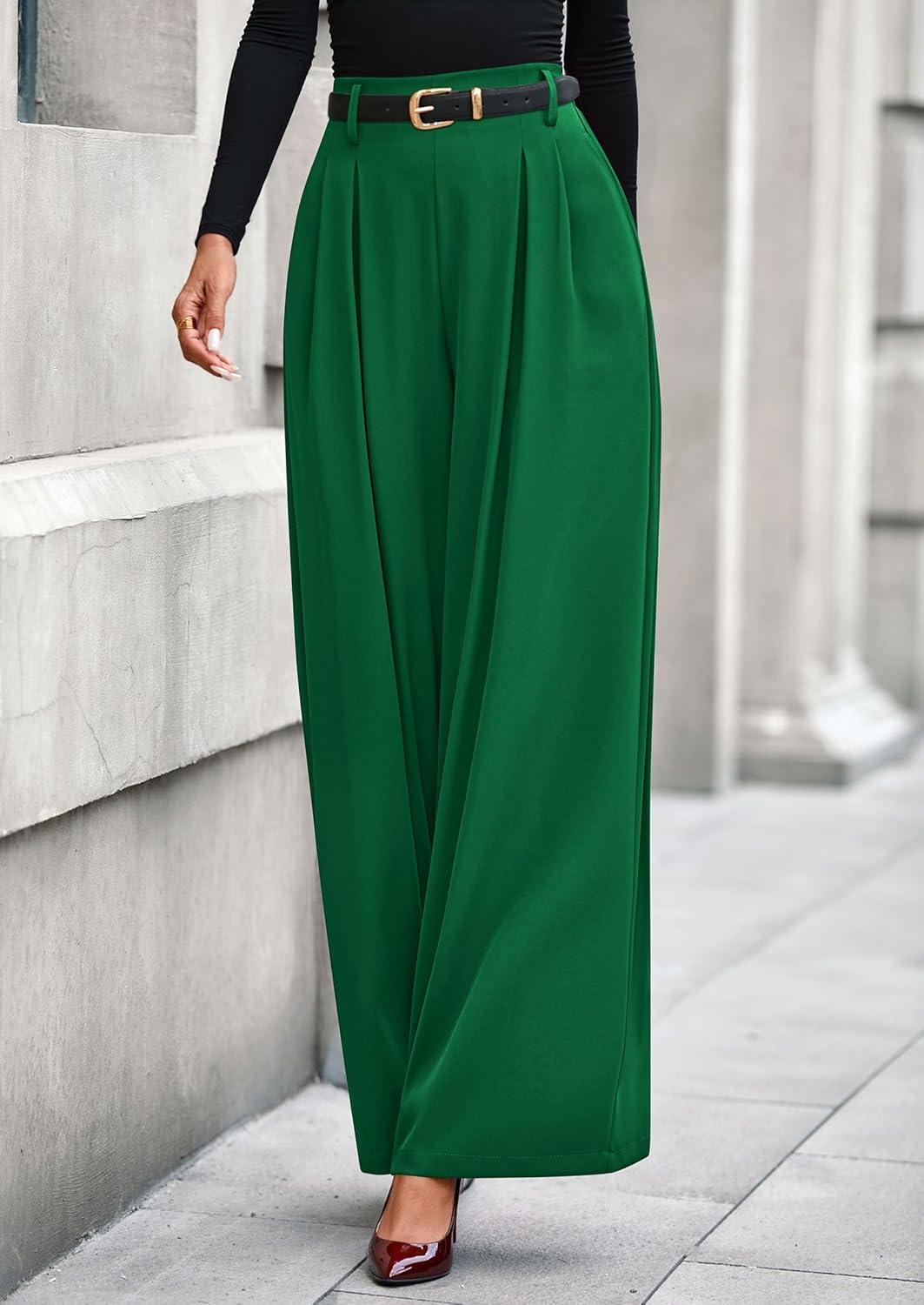 imagePRETTYGARDEN Womens Fall Wide Leg Trousers 2026 High Elastic Waist Loose Pleated Long Flowy Palazzo Work Pants with PocketsGreen