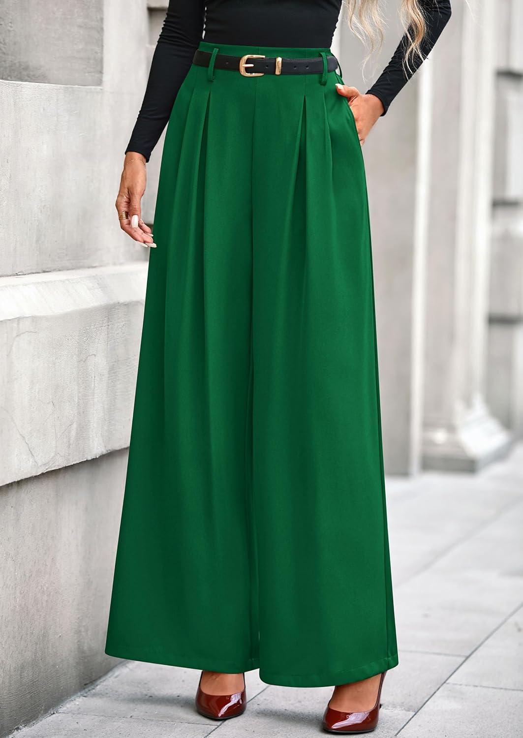 imagePRETTYGARDEN Womens Fall Wide Leg Trousers 2026 High Elastic Waist Loose Pleated Long Flowy Palazzo Work Pants with PocketsGreen