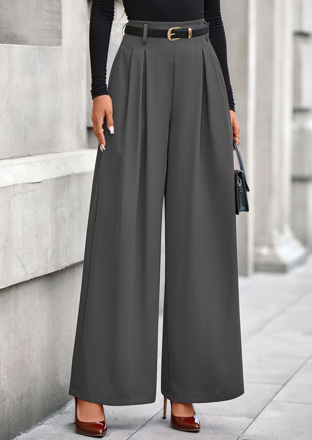 imagePRETTYGARDEN Womens Fall Wide Leg Trousers 2026 High Elastic Waist Loose Pleated Long Flowy Palazzo Work Pants with PocketsGrey