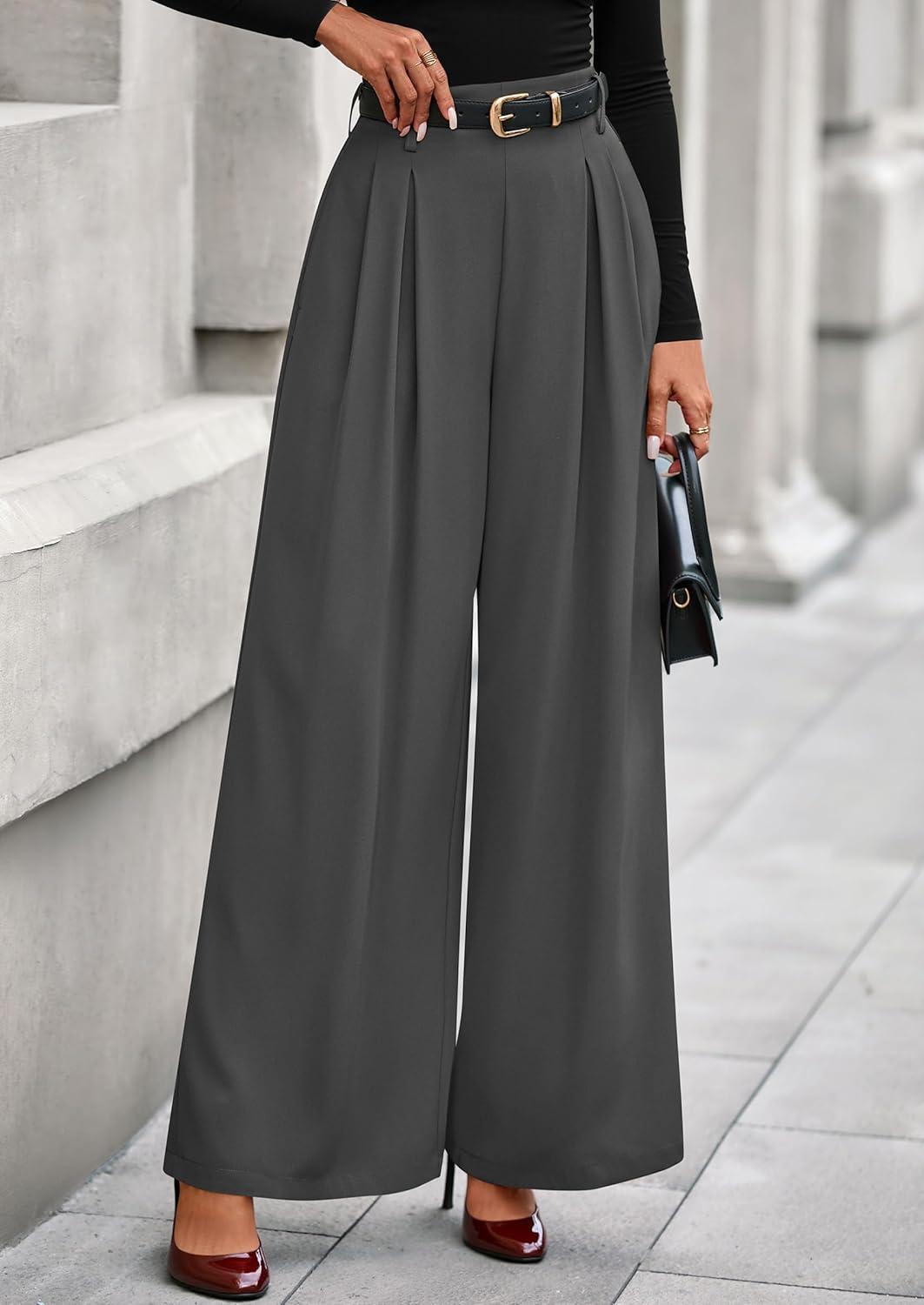 imagePRETTYGARDEN Womens Fall Wide Leg Trousers 2026 High Elastic Waist Loose Pleated Long Flowy Palazzo Work Pants with PocketsGrey
