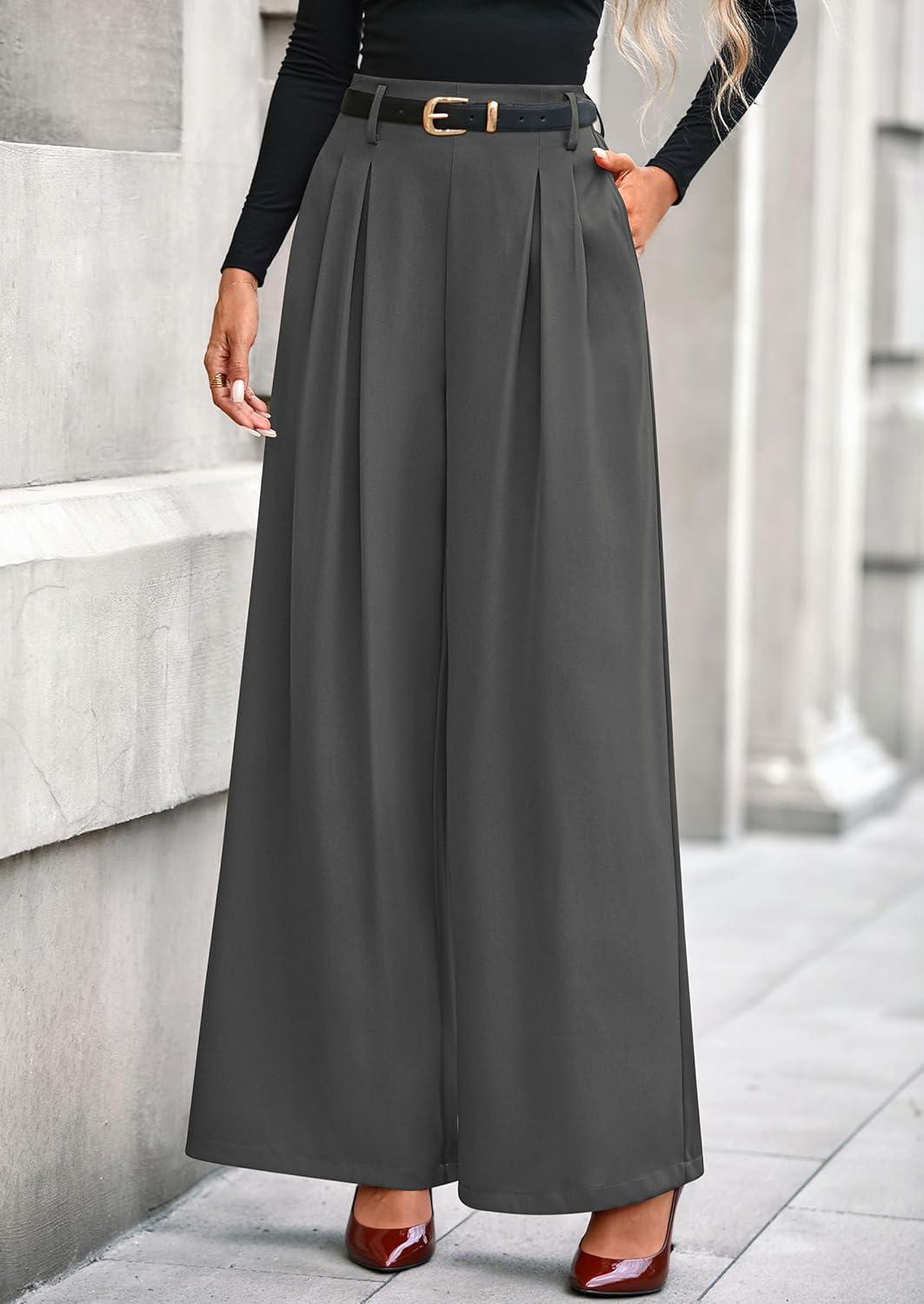 imagePRETTYGARDEN Womens Fall Wide Leg Trousers 2026 High Elastic Waist Loose Pleated Long Flowy Palazzo Work Pants with PocketsGrey