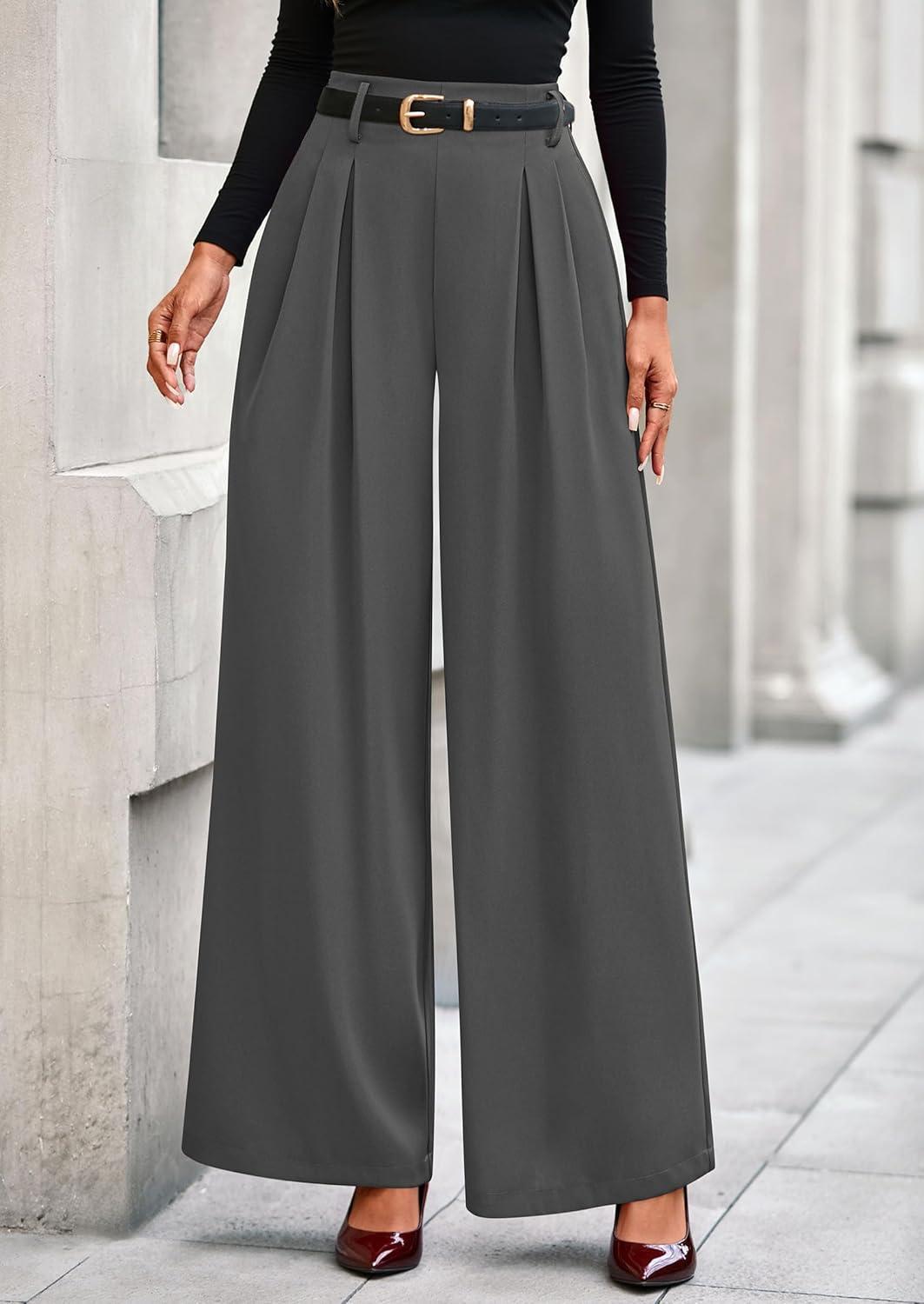 imagePRETTYGARDEN Womens Fall Wide Leg Trousers 2026 High Elastic Waist Loose Pleated Long Flowy Palazzo Work Pants with PocketsGrey
