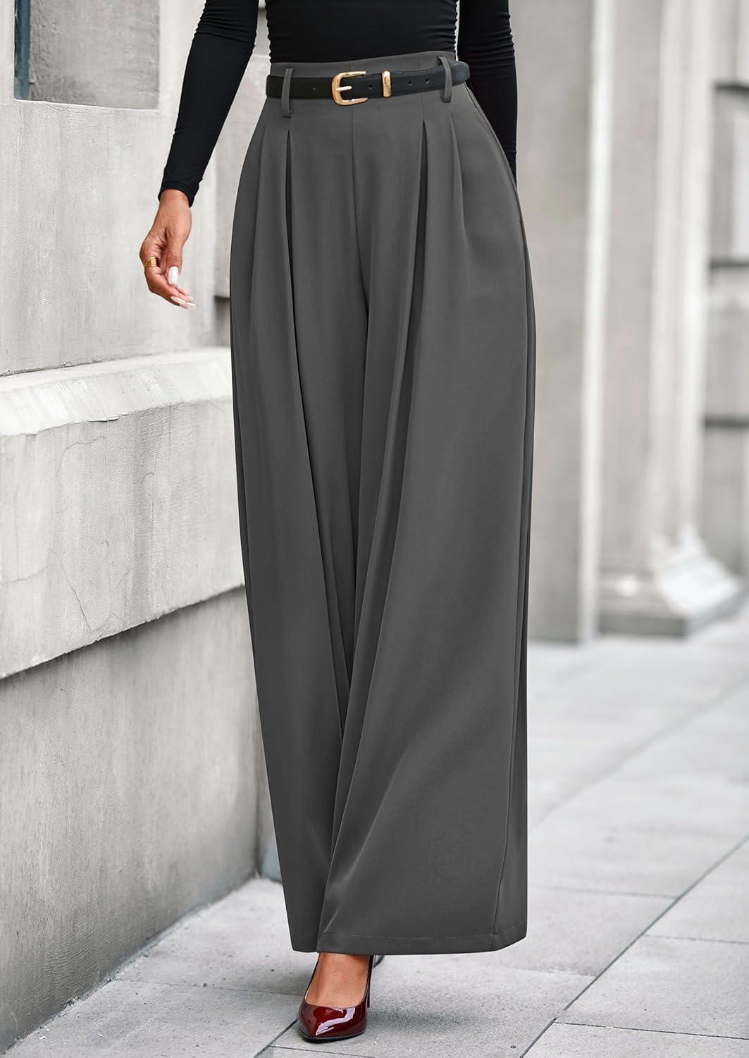 imagePRETTYGARDEN Womens Fall Wide Leg Trousers 2026 High Elastic Waist Loose Pleated Long Flowy Palazzo Work Pants with PocketsGrey