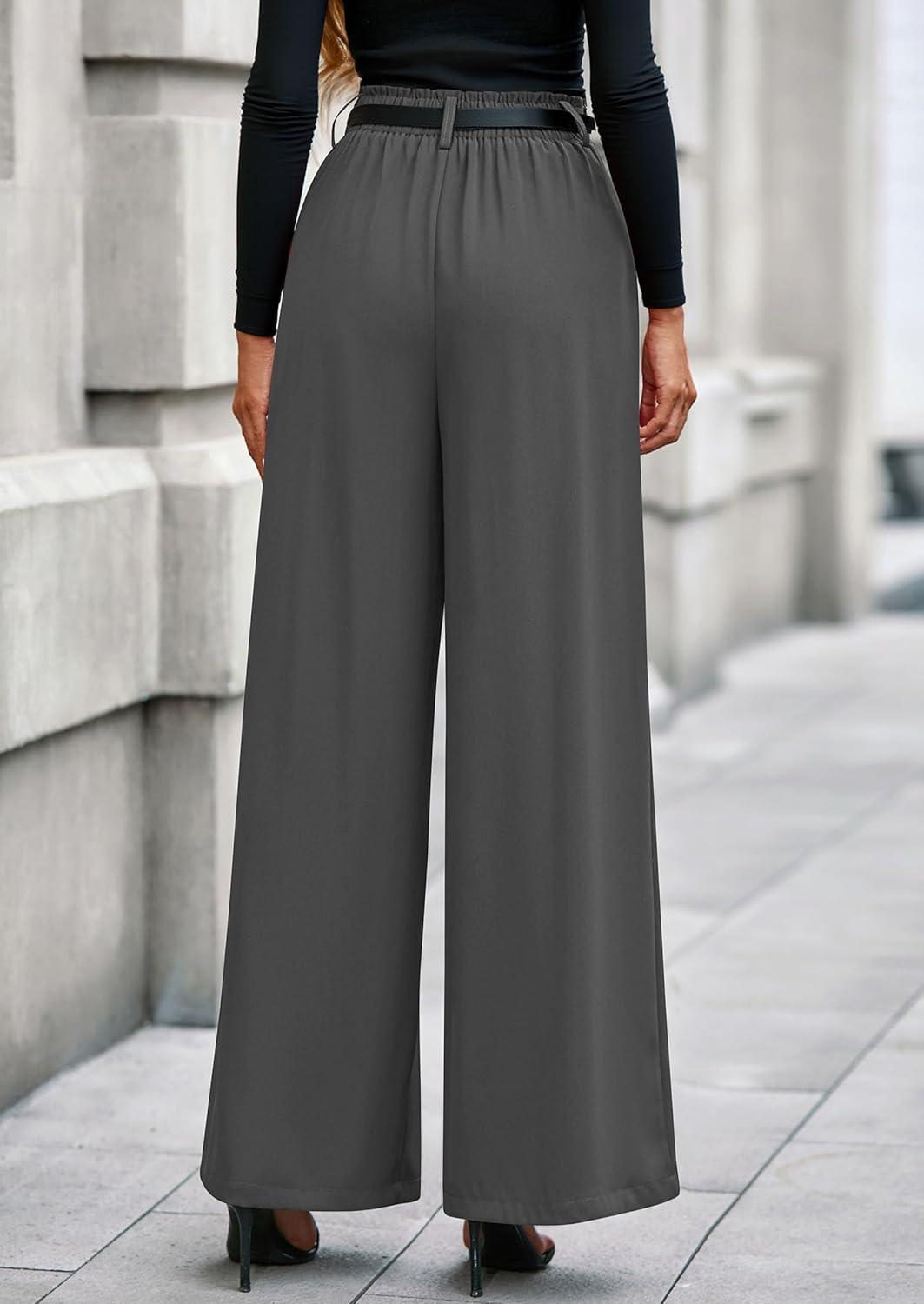 imagePRETTYGARDEN Womens Fall Wide Leg Trousers 2026 High Elastic Waist Loose Pleated Long Flowy Palazzo Work Pants with PocketsGrey
