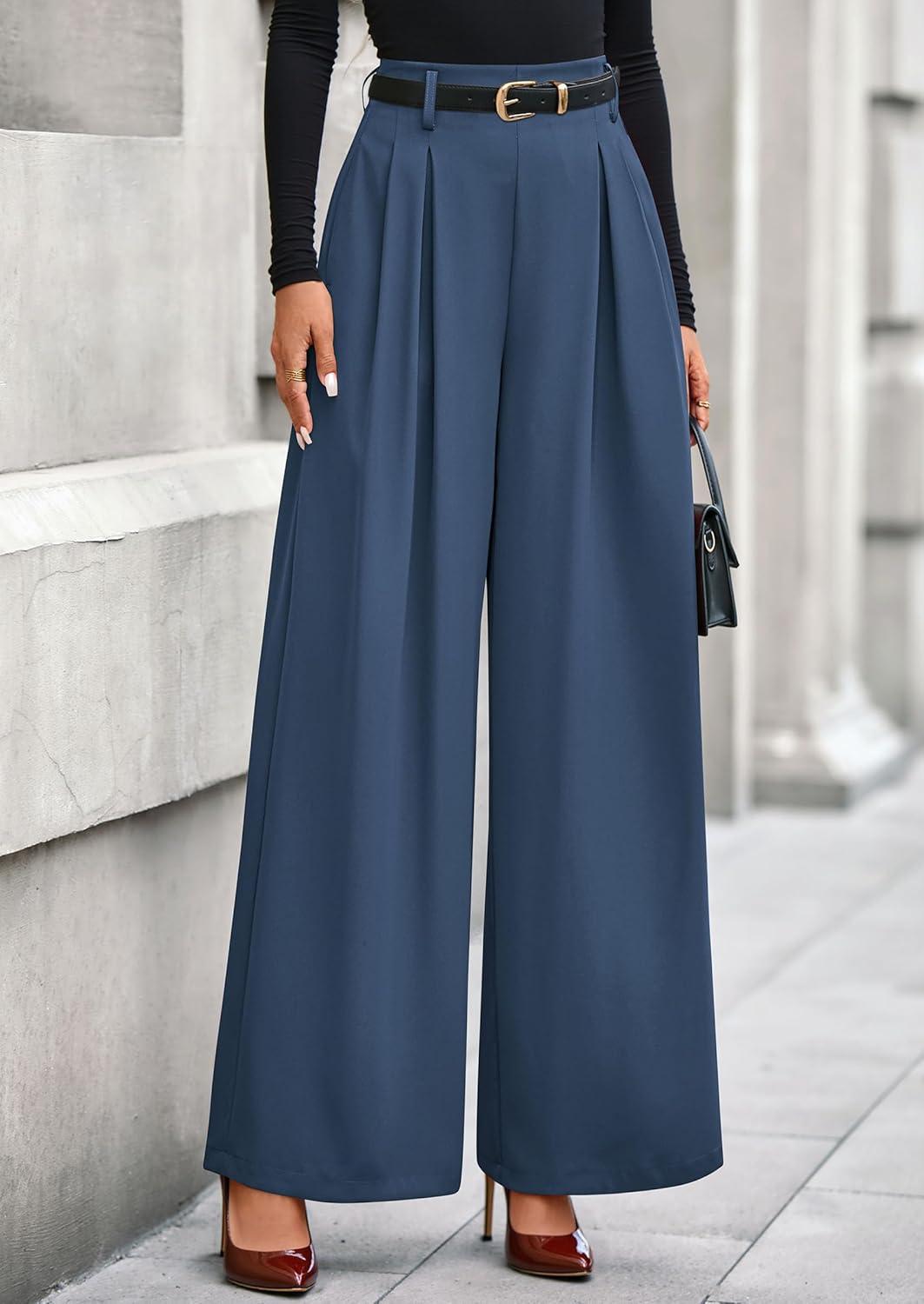 imagePRETTYGARDEN Womens Fall Wide Leg Trousers 2026 High Elastic Waist Loose Pleated Long Flowy Palazzo Work Pants with PocketsGrey Blue