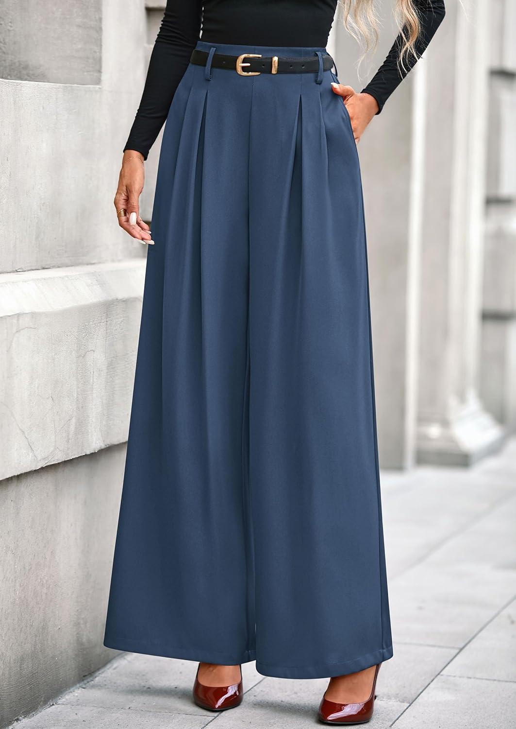 imagePRETTYGARDEN Womens Fall Wide Leg Trousers 2026 High Elastic Waist Loose Pleated Long Flowy Palazzo Work Pants with PocketsGrey Blue