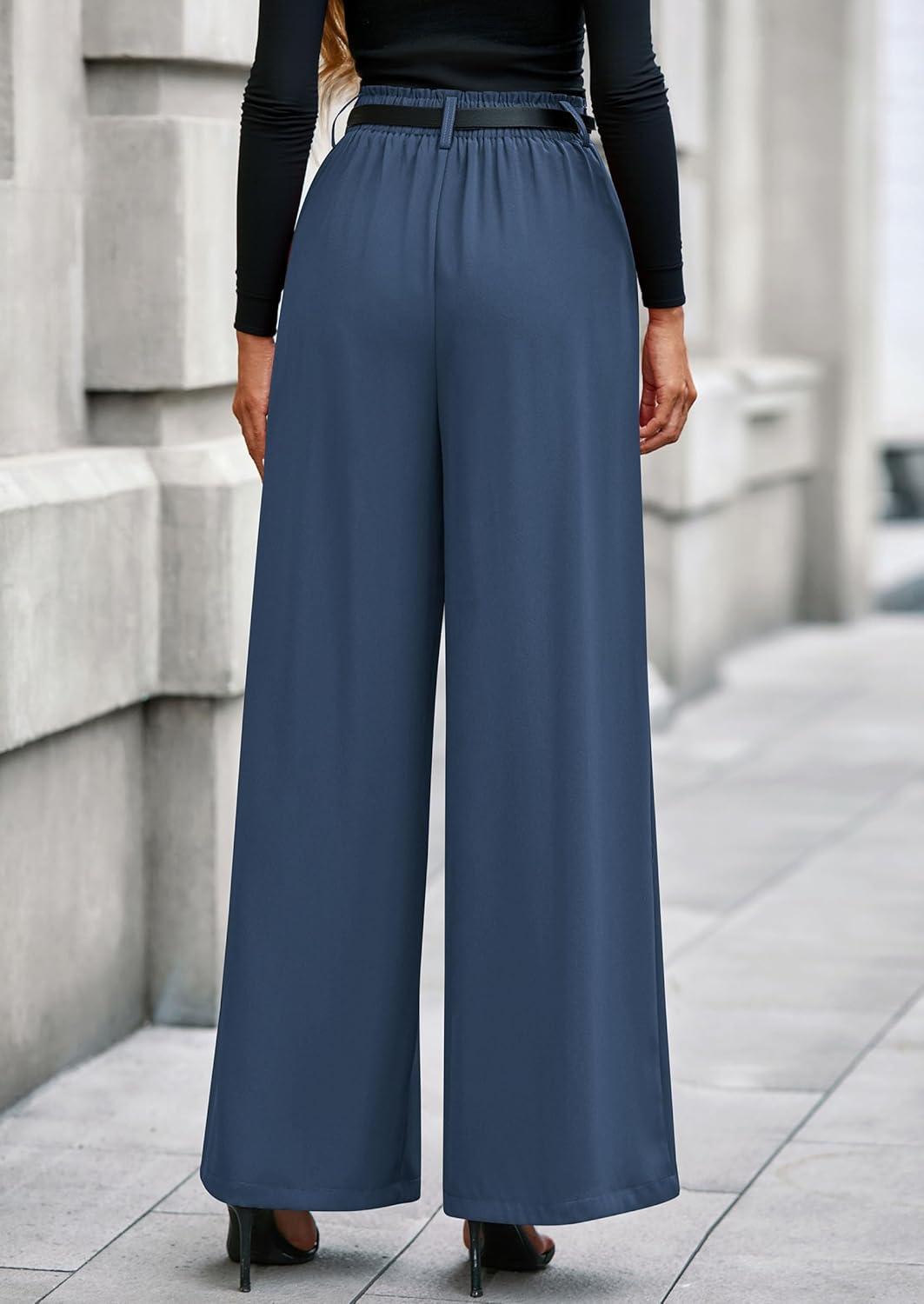 imagePRETTYGARDEN Womens Fall Wide Leg Trousers 2026 High Elastic Waist Loose Pleated Long Flowy Palazzo Work Pants with PocketsGrey Blue