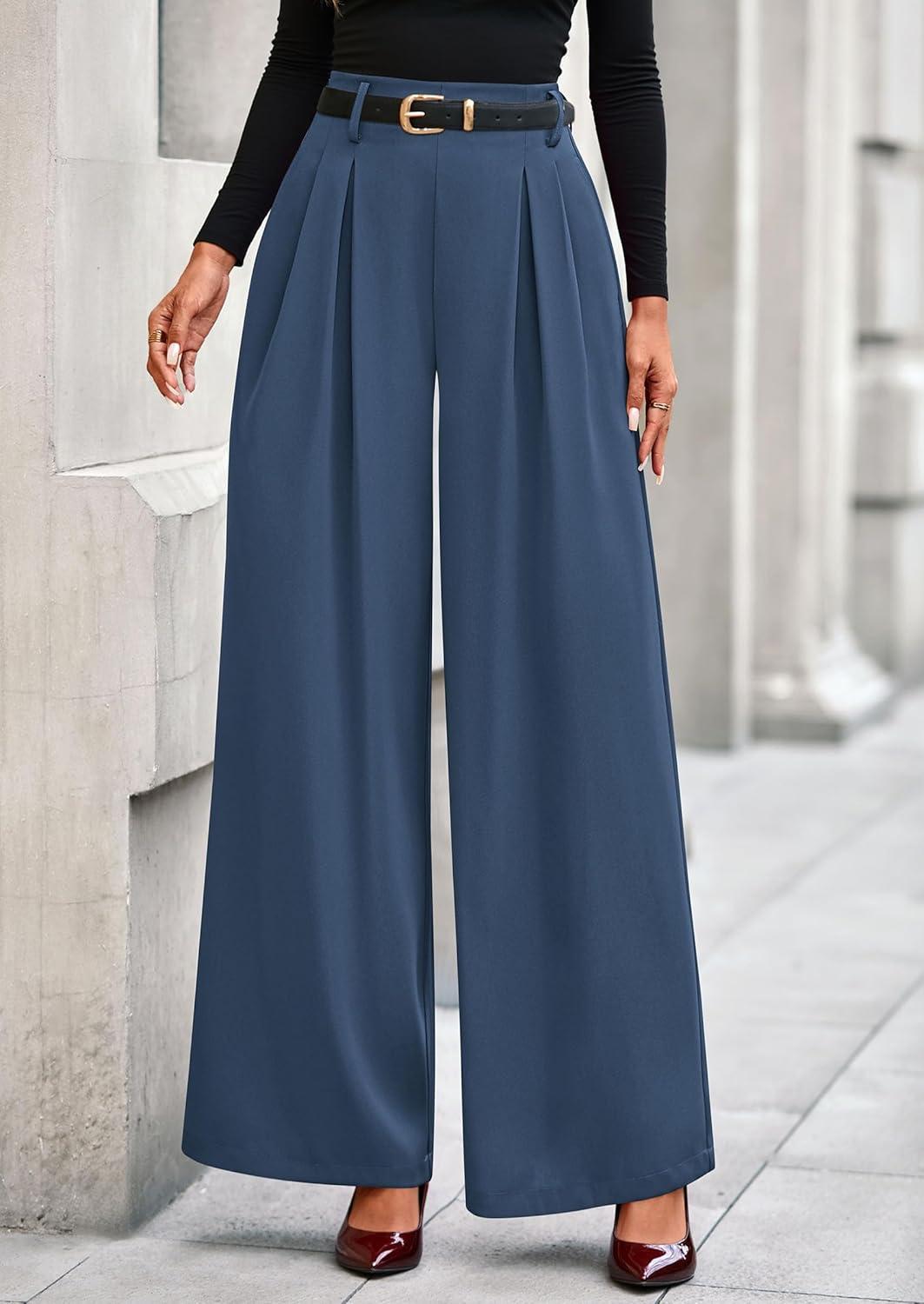 imagePRETTYGARDEN Womens Fall Wide Leg Trousers 2026 High Elastic Waist Loose Pleated Long Flowy Palazzo Work Pants with PocketsGrey Blue
