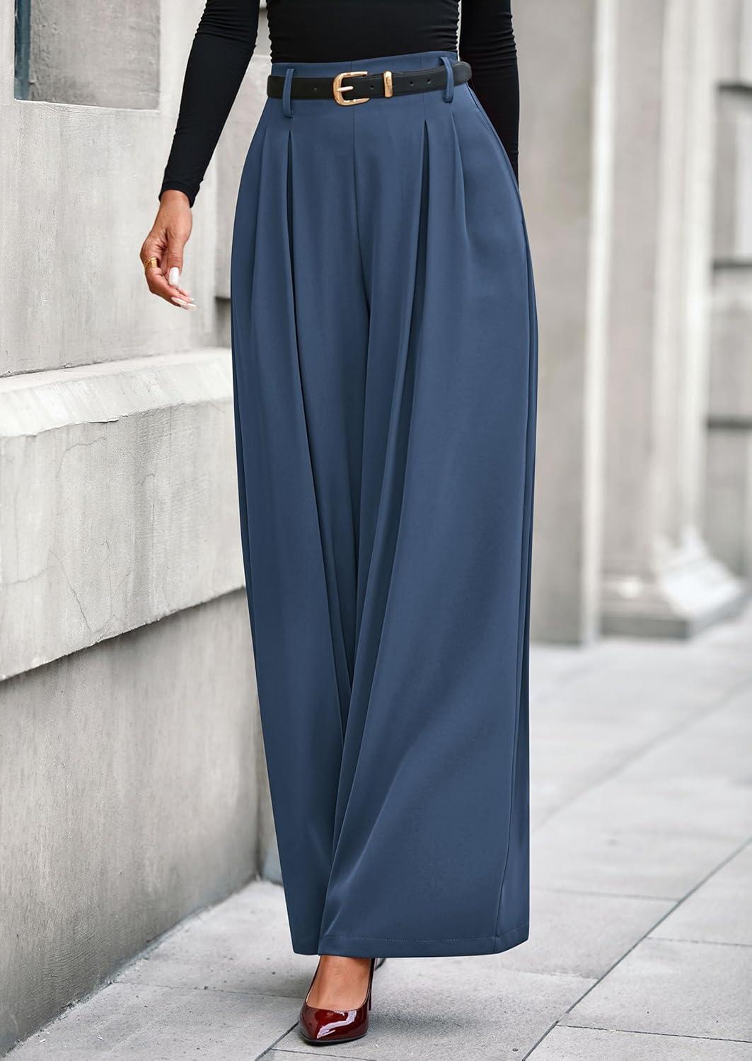 imagePRETTYGARDEN Womens Fall Wide Leg Trousers 2026 High Elastic Waist Loose Pleated Long Flowy Palazzo Work Pants with PocketsGrey Blue