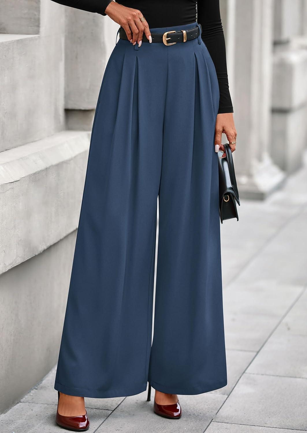 imagePRETTYGARDEN Womens Fall Wide Leg Trousers 2026 High Elastic Waist Loose Pleated Long Flowy Palazzo Work Pants with PocketsGrey Blue