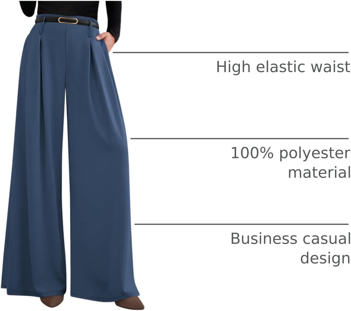 imagePRETTYGARDEN Womens Fall Wide Leg Trousers 2026 High Elastic Waist Loose Pleated Long Flowy Palazzo Work Pants with PocketsGrey Blue