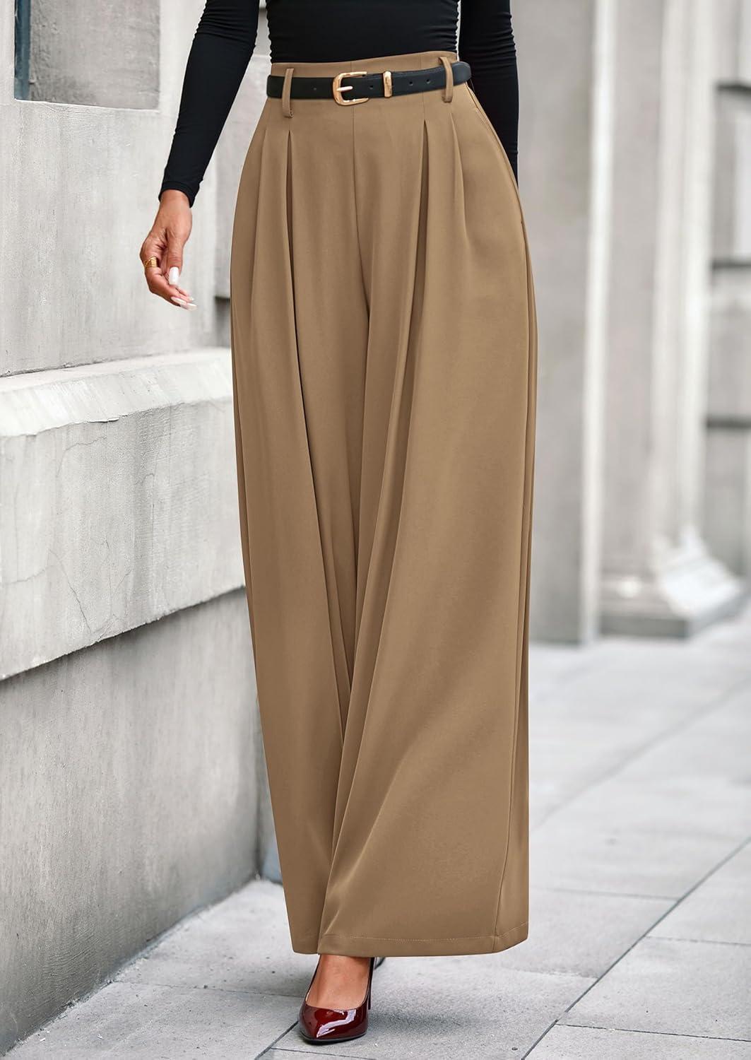 imagePRETTYGARDEN Womens Fall Wide Leg Trousers 2026 High Elastic Waist Loose Pleated Long Flowy Palazzo Work Pants with PocketsKhaki